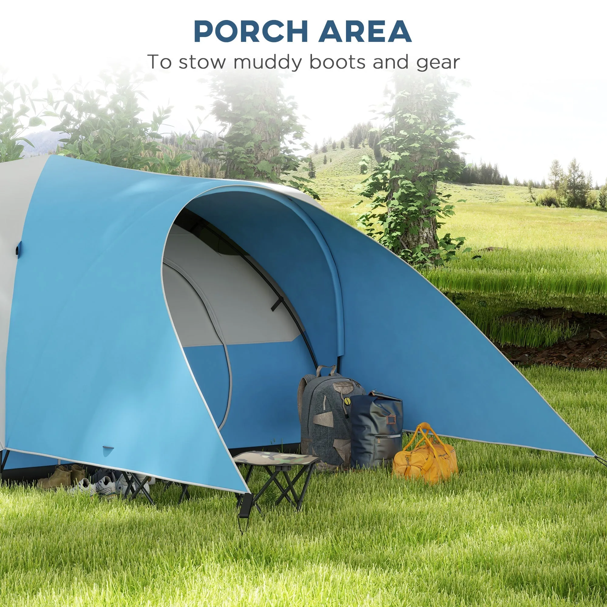 3000mm Waterproof Camping Tent for 5-6 Man Family Tent with Porch and Sewn in Groundsheet Portable with Bag Blue
