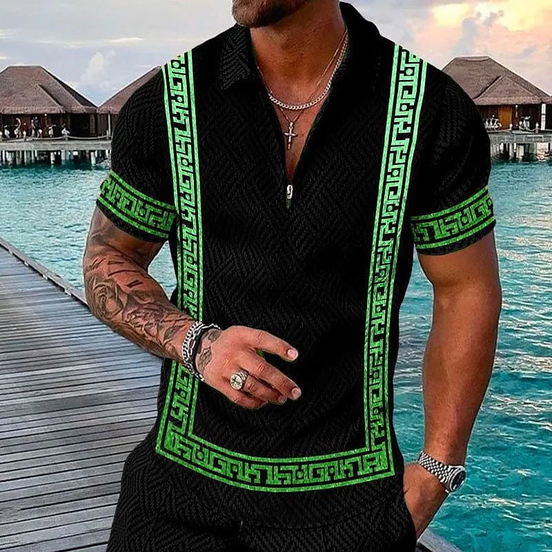 3D Printed Men's Zipper Polo Shirt - Vibrant Geometry Design - Breathable Polyester Fabric - Versatile Outdoor Casual Wear