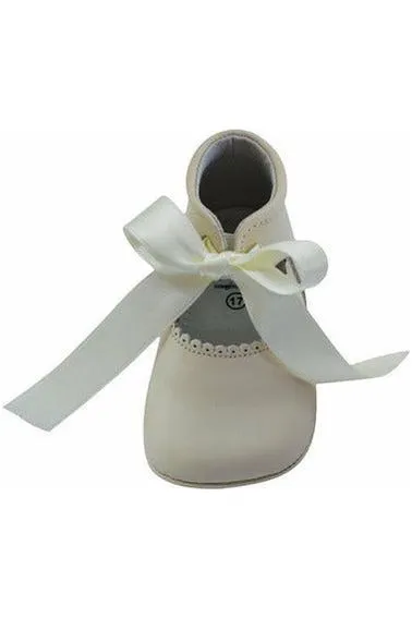 Baby Girl Christening Leather Shoe w/ Satin Ribbon - Beige