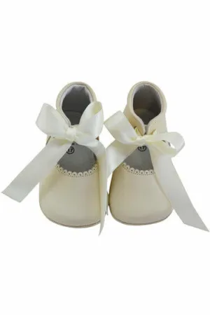 Baby Girl Christening Leather Shoe w/ Satin Ribbon - Beige