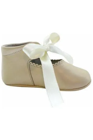 Baby Girl Christening Leather Shoe w/ Satin Ribbon - Beige