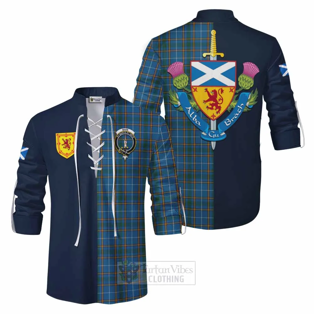 Bain Tartan Ghillie Kilt Shirt Alba with Scottish Lion Royal Arm Half Style