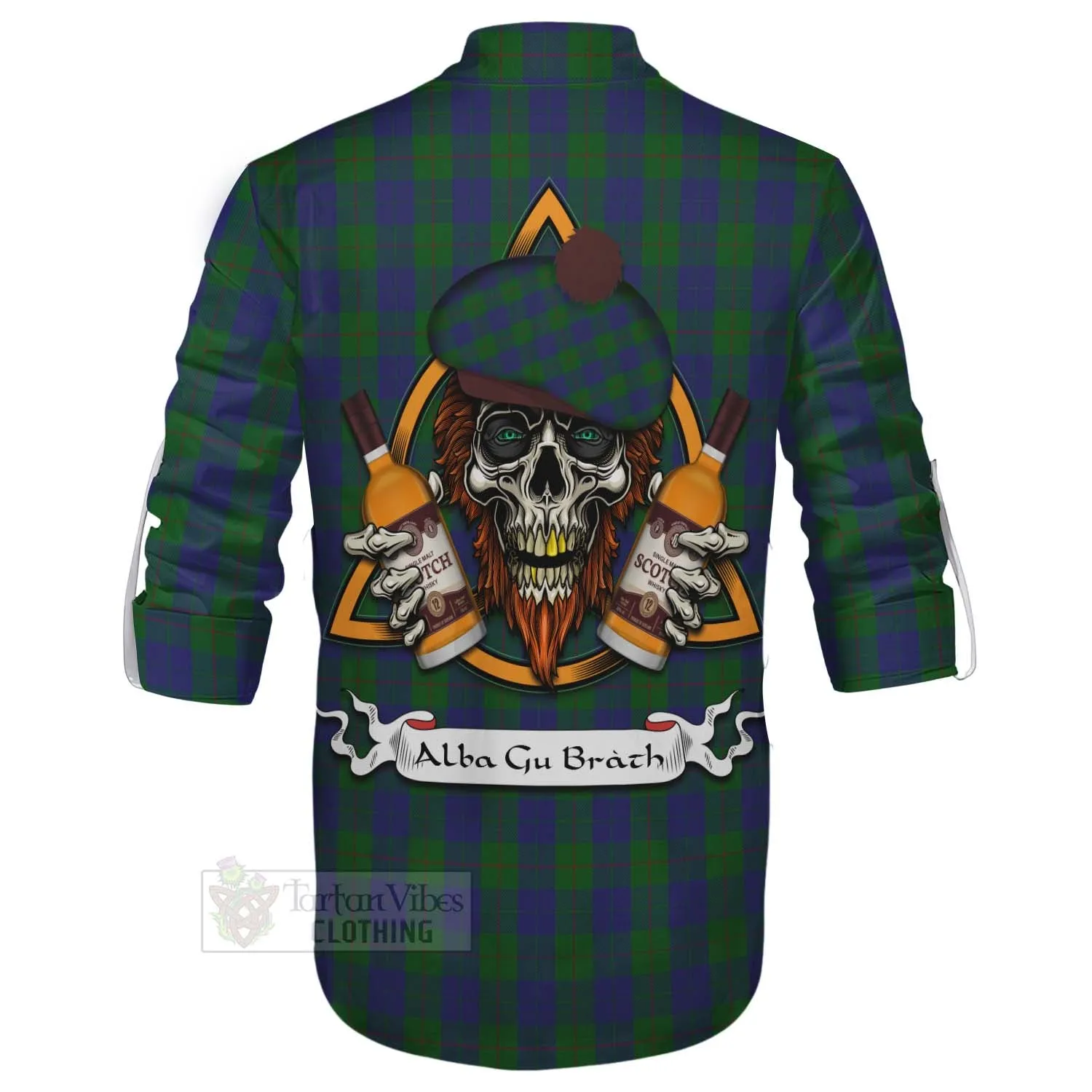 Barclay Tartan Ghillie Kilt Shirt with Family Crest and Bearded Skull Holding Bottles of Whiskey