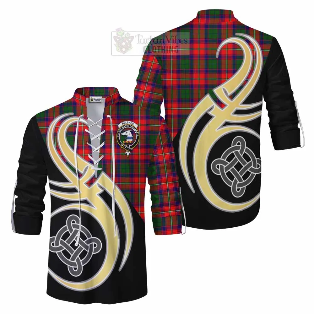 Belshes (Belsches) Tartan Ghillie Kilt Shirt with Family Crest and Celtic Symbol Style