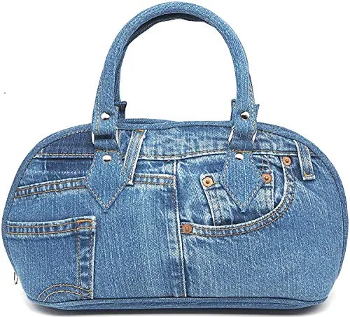 Bijoux De Ja Upcycling Blue Denim Trim Curved Shape Top Handle Handbag Purse (denim)