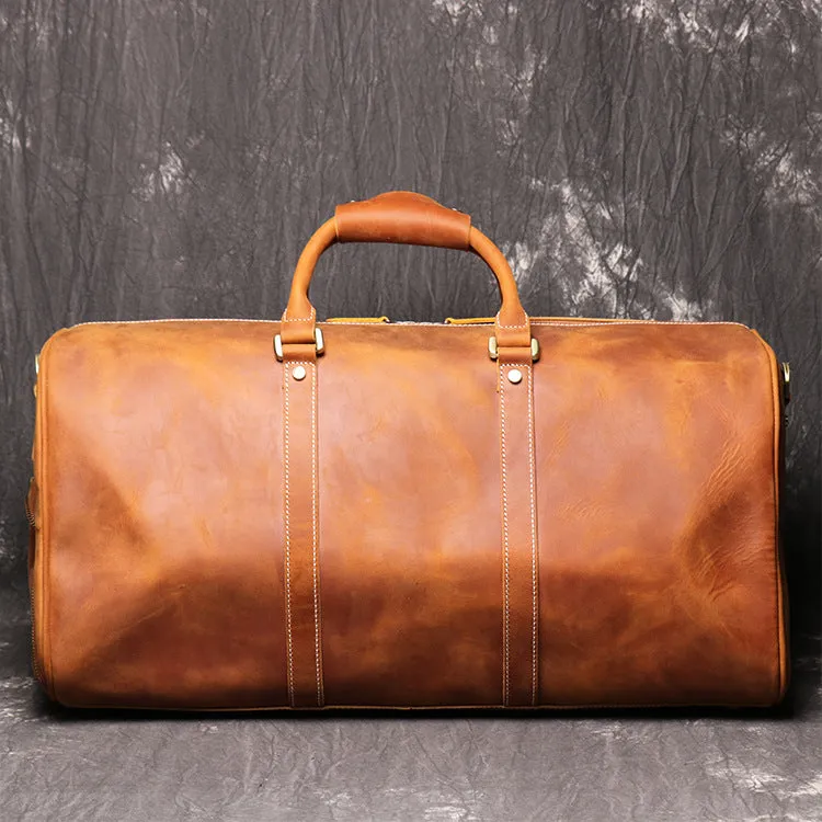 Brown Vintage Leather Duffle Bag with Shoe Compartment - New Design Travel or Overnight Bag for Men and Women