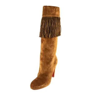 Christian Louboutin Tan Veau Velours Majung 85 Fringe Knee High Boots Size 12 | EU 42