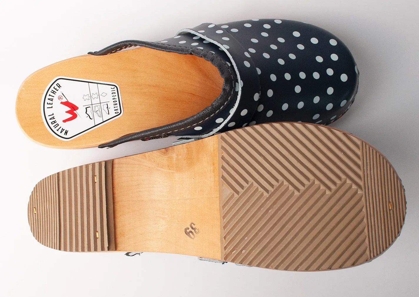 Dark Blue Leather Clogs with Dot Pattern - DREWNIAKI | WU-236