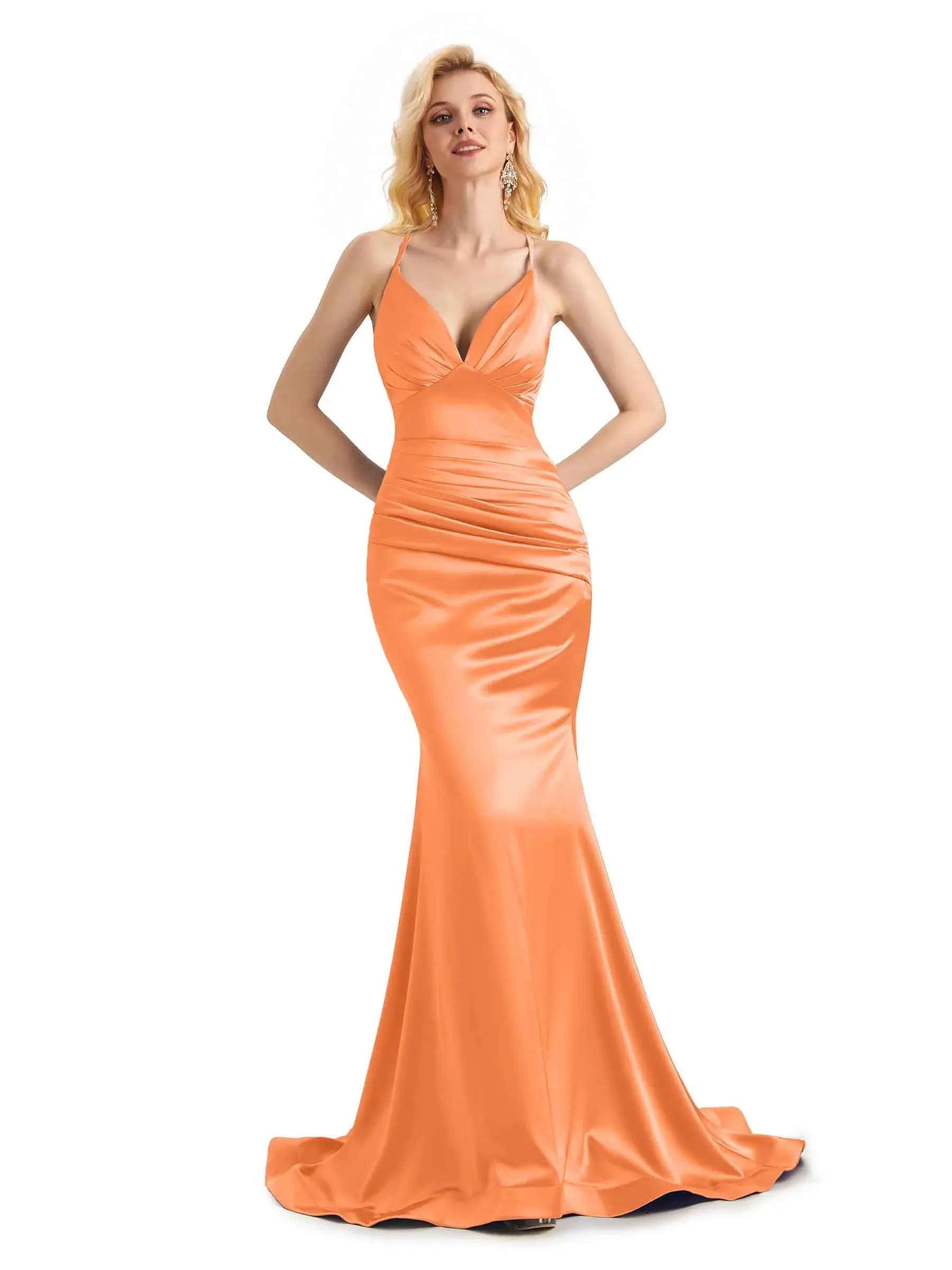 Elegant Mermaid Spaghetti Straps Backless Long Satin Formal Prom Dresses Online