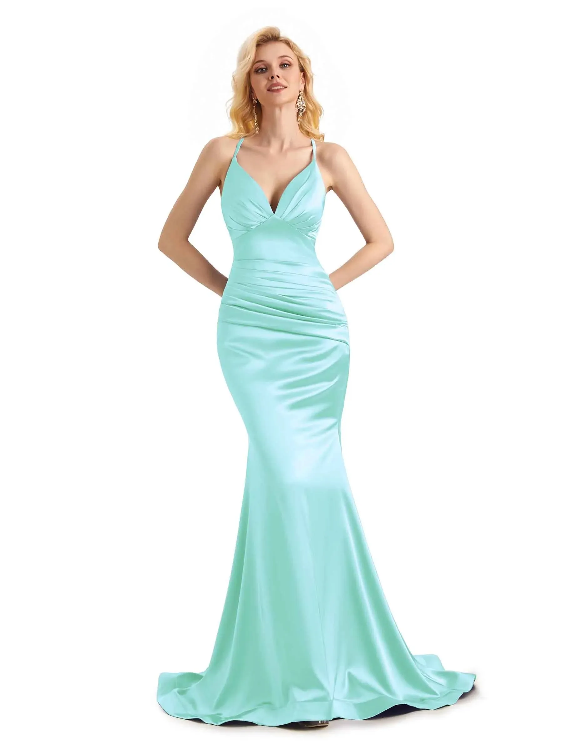 Elegant Mermaid Spaghetti Straps Backless Long Satin Formal Prom Dresses Online