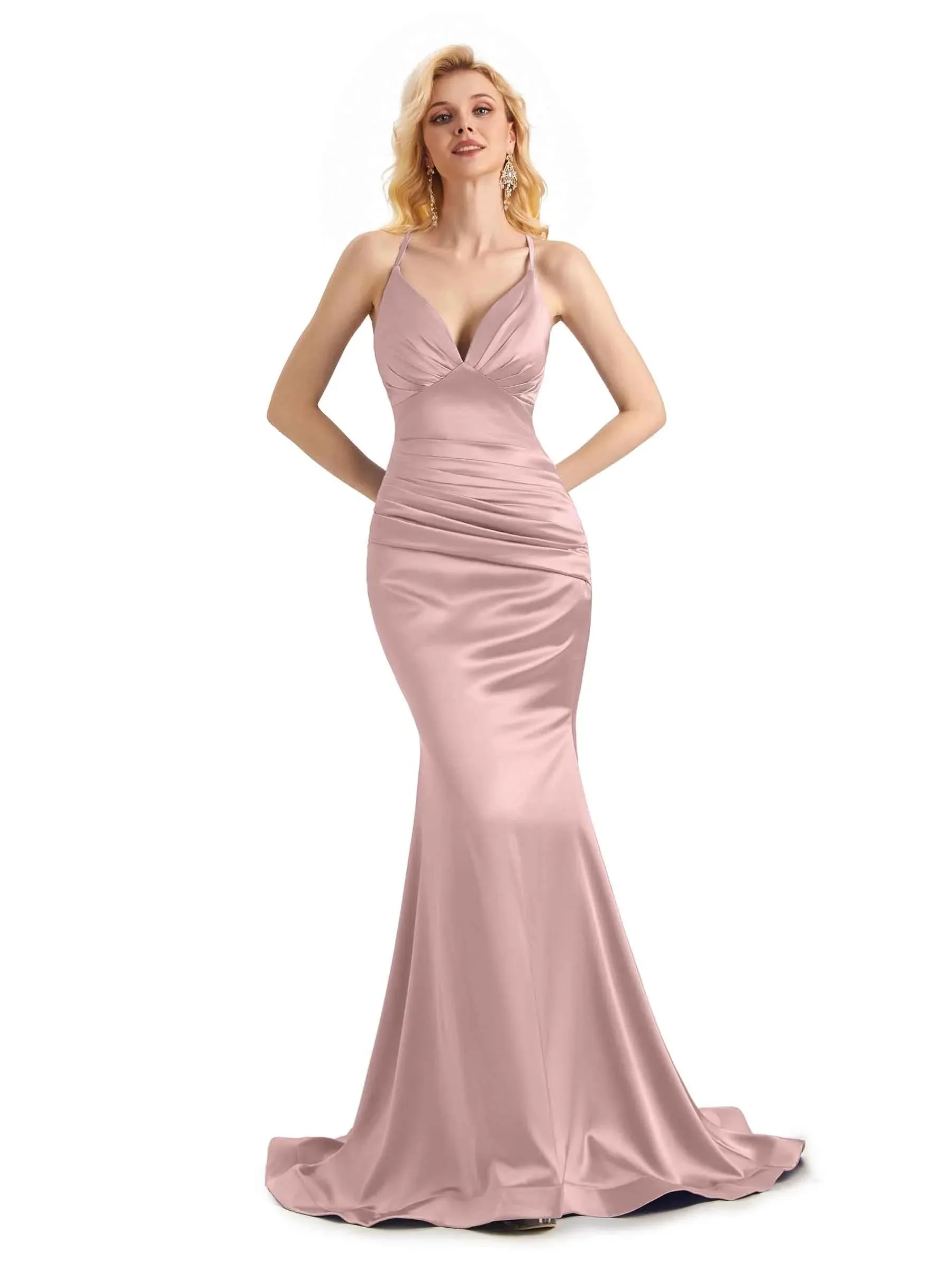 Elegant Mermaid Spaghetti Straps Backless Long Satin Formal Prom Dresses Online