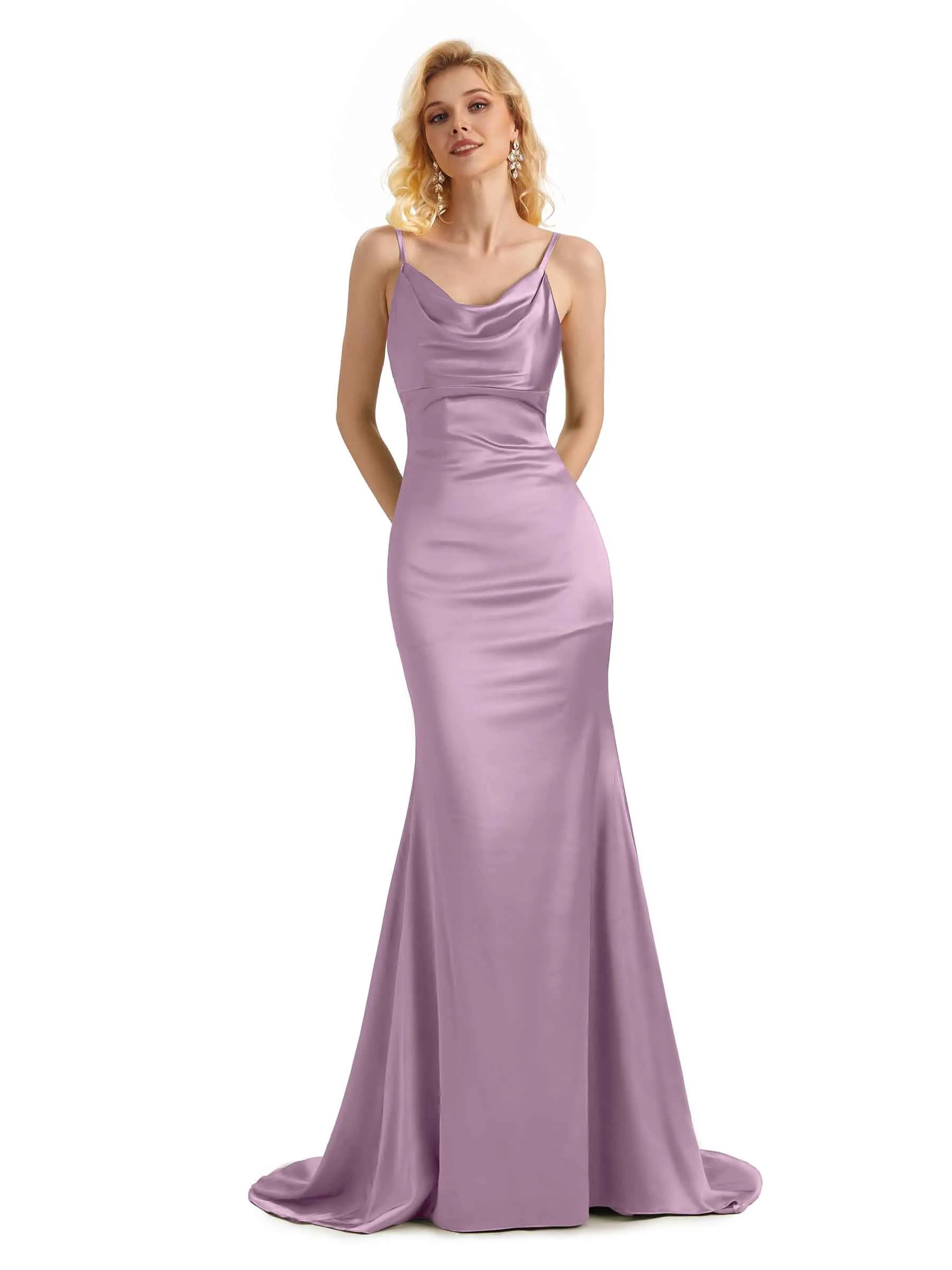 Elegant Soft Satin Cowl Neck Criss Cross Long Mermaid Bridesmaid Dresses Online