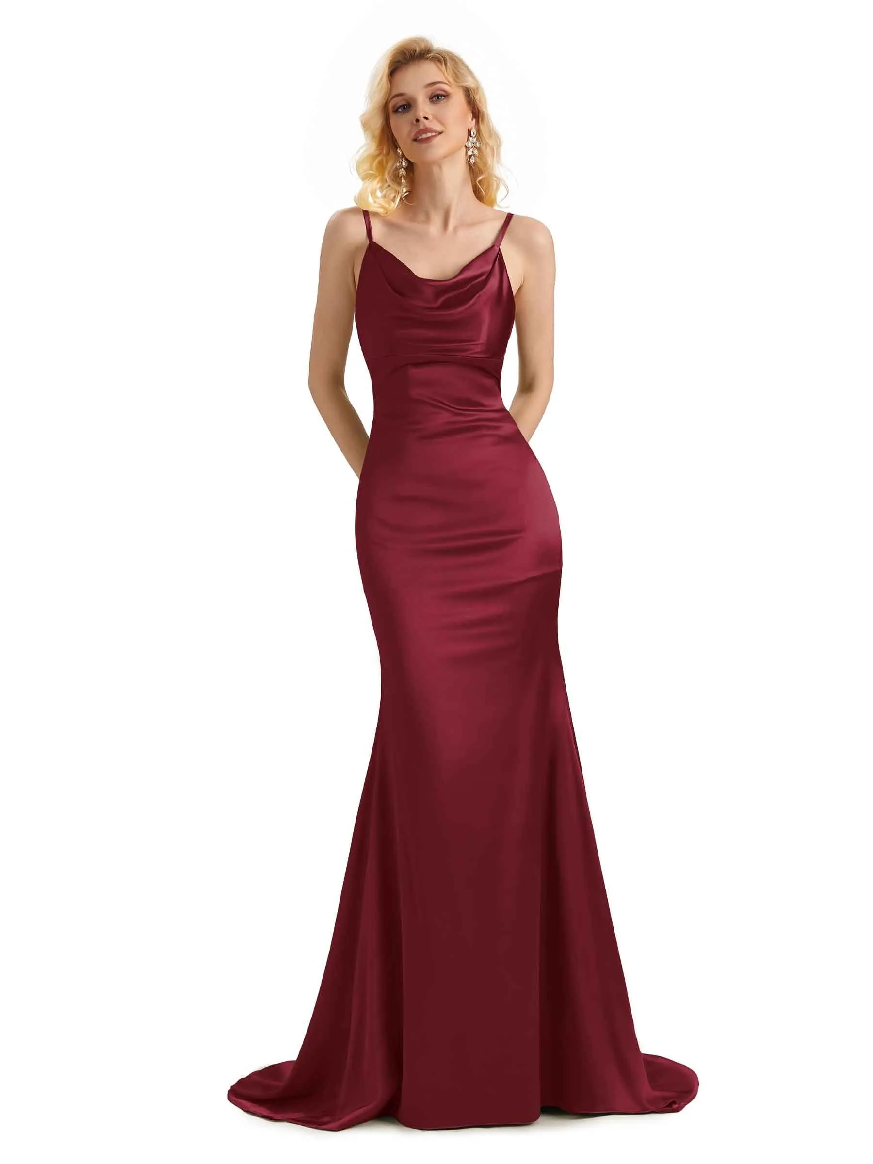 Elegant Soft Satin Cowl Neck Criss Cross Long Mermaid Bridesmaid Dresses UK