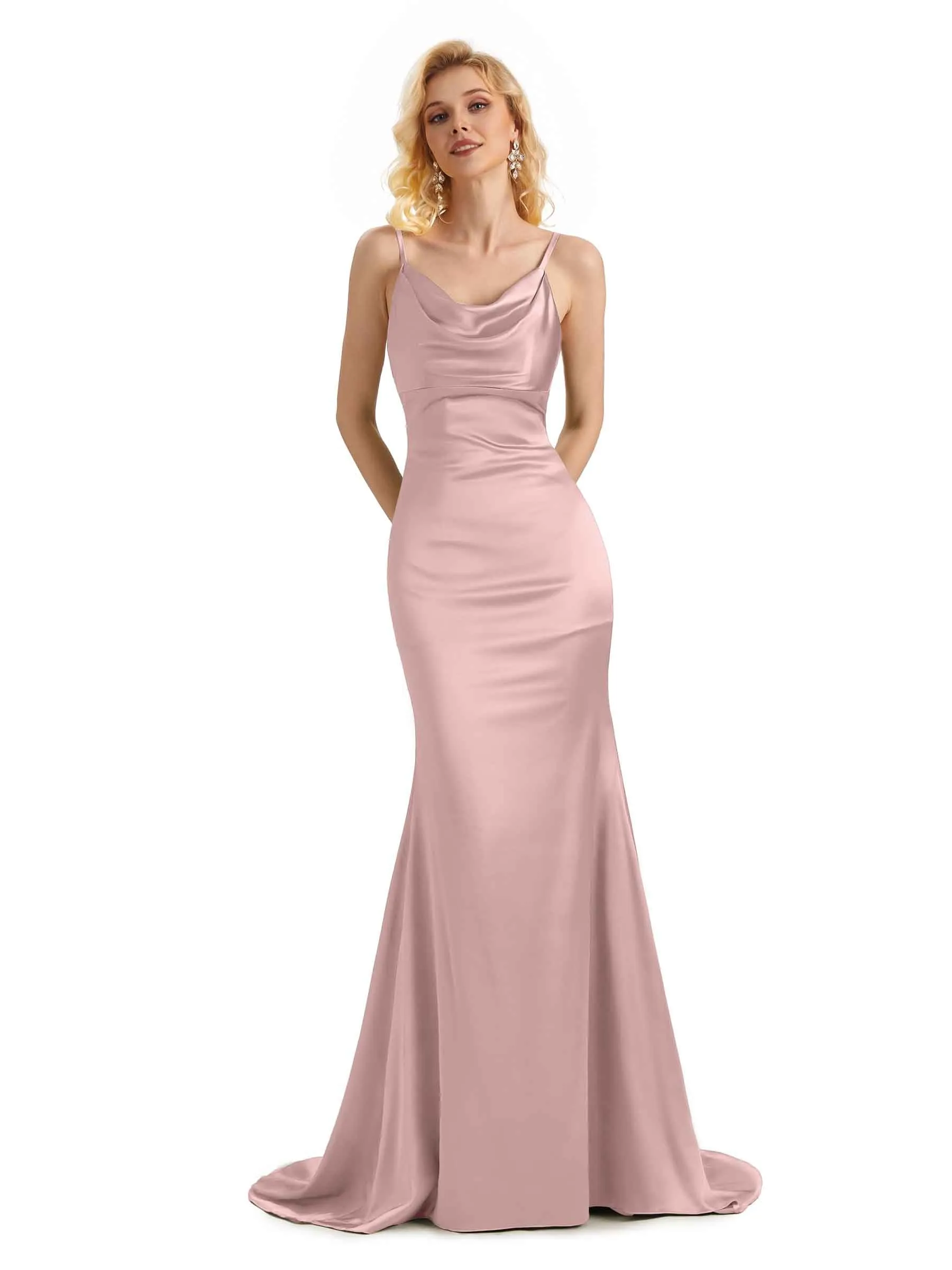 Elegant Soft Satin Cowl Neck Criss Cross Long Mermaid Bridesmaid Dresses UK