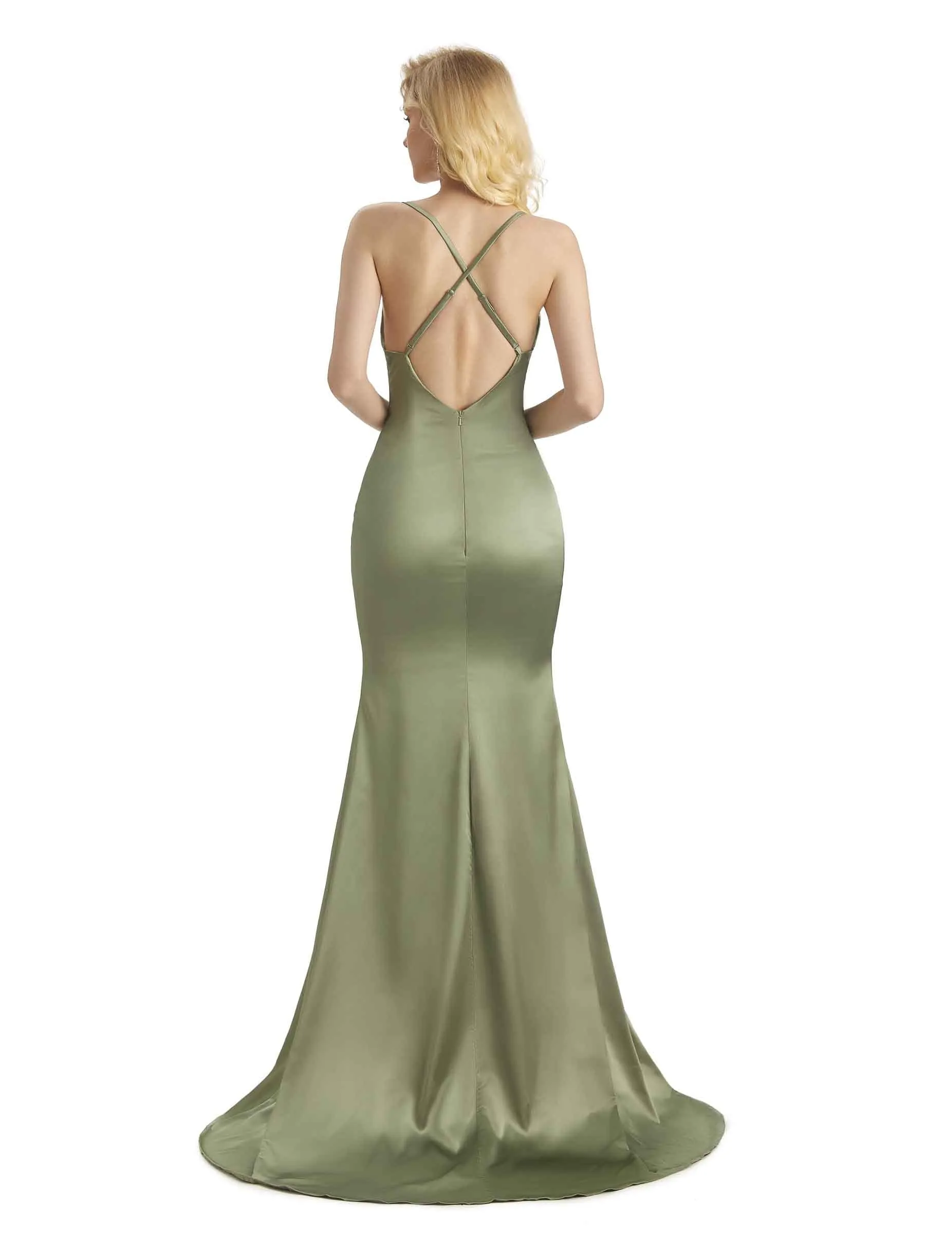 Elegant Soft Satin Cowl Neck Criss Cross Long Mermaid Bridesmaid Dresses UK