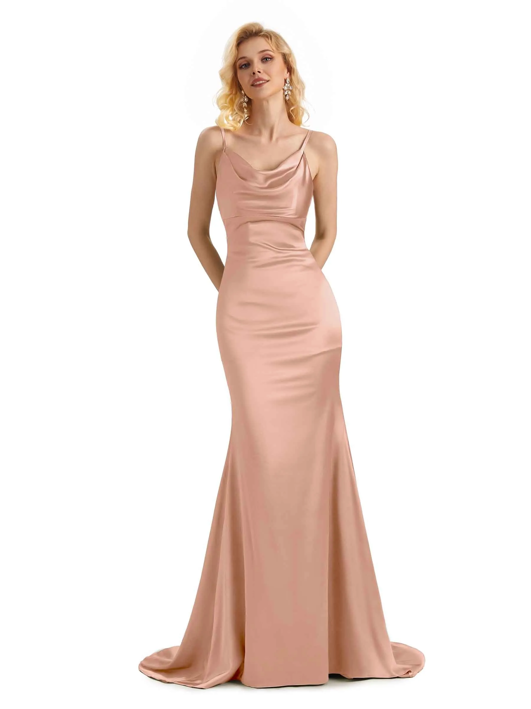 Elegant Soft Satin Cowl Neck Criss Cross Long Mermaid Curve Dresses For Wedding Guest