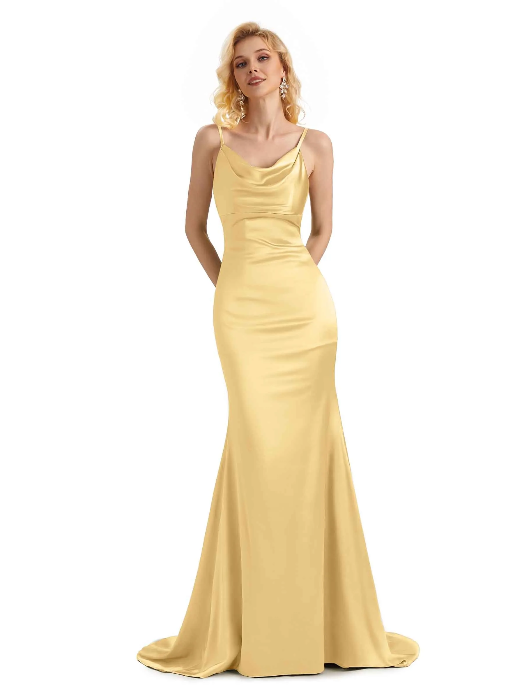 Elegant Soft Satin Cowl Neck Criss Cross Long Mermaid Curve Dresses For Wedding Guest