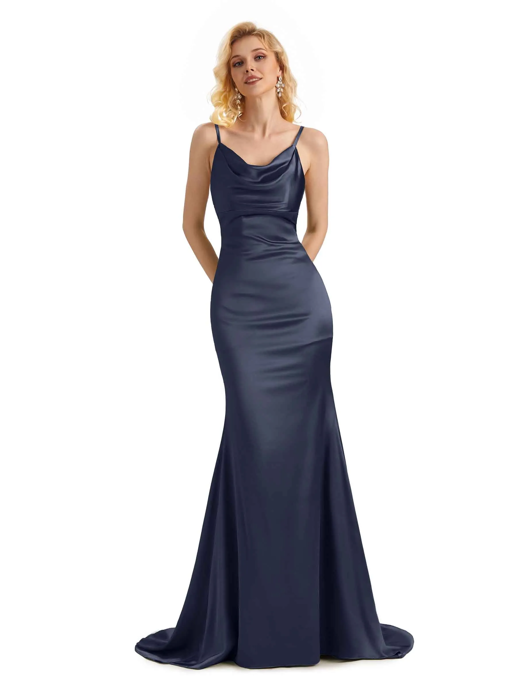 Elegant Soft Satin Cowl Neck Criss Cross Long Mermaid Curve Dresses For Wedding Guest