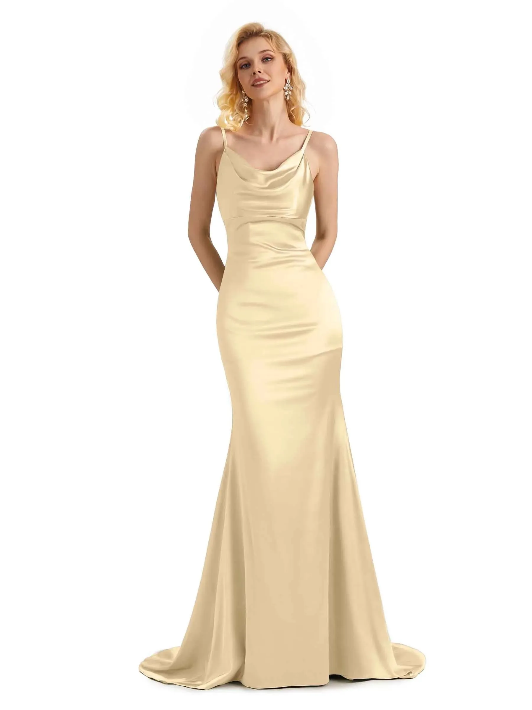 Elegant Soft Satin Cowl Neck Criss Cross Long Mermaid Prom Dresses Online