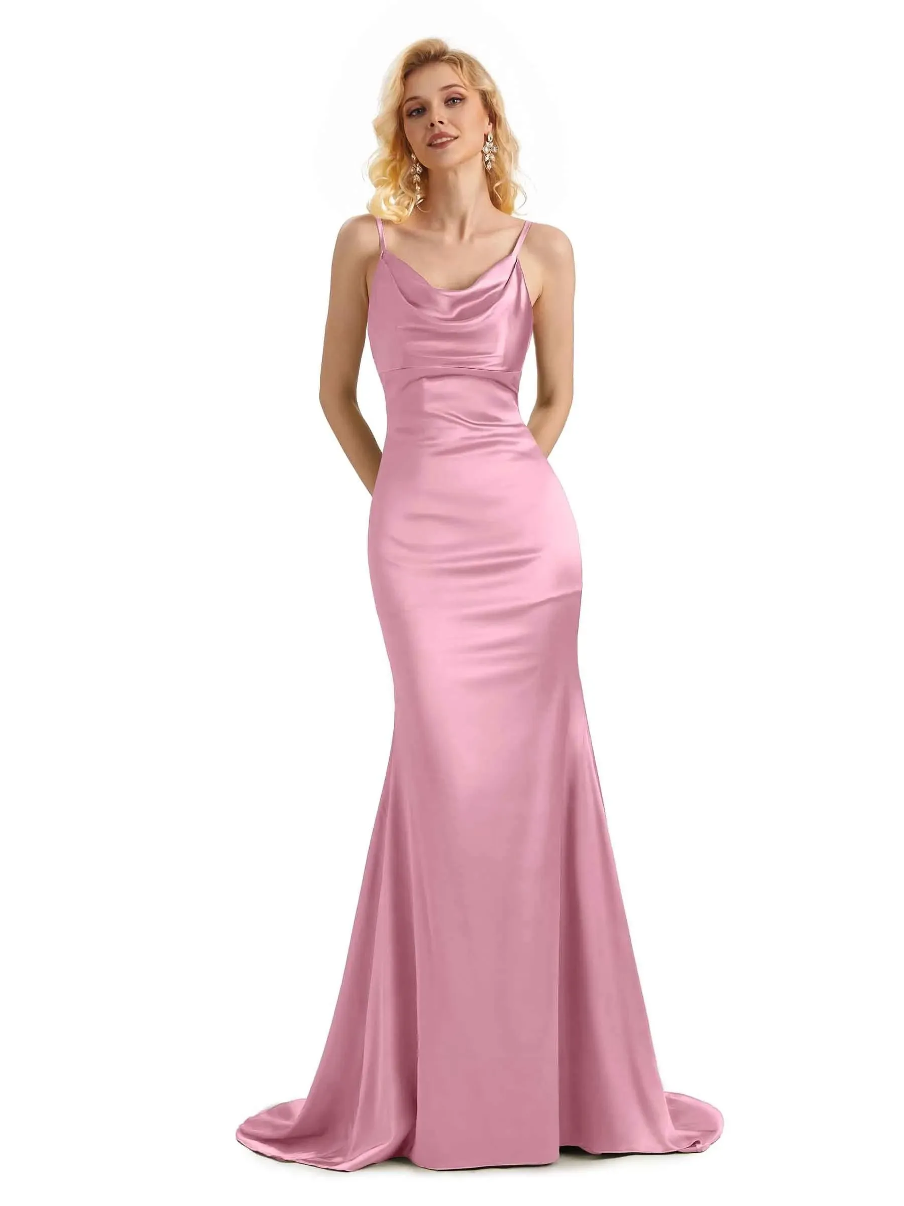 Elegant Soft Satin Cowl Neck Criss Cross Long Mermaid Prom Dresses Online