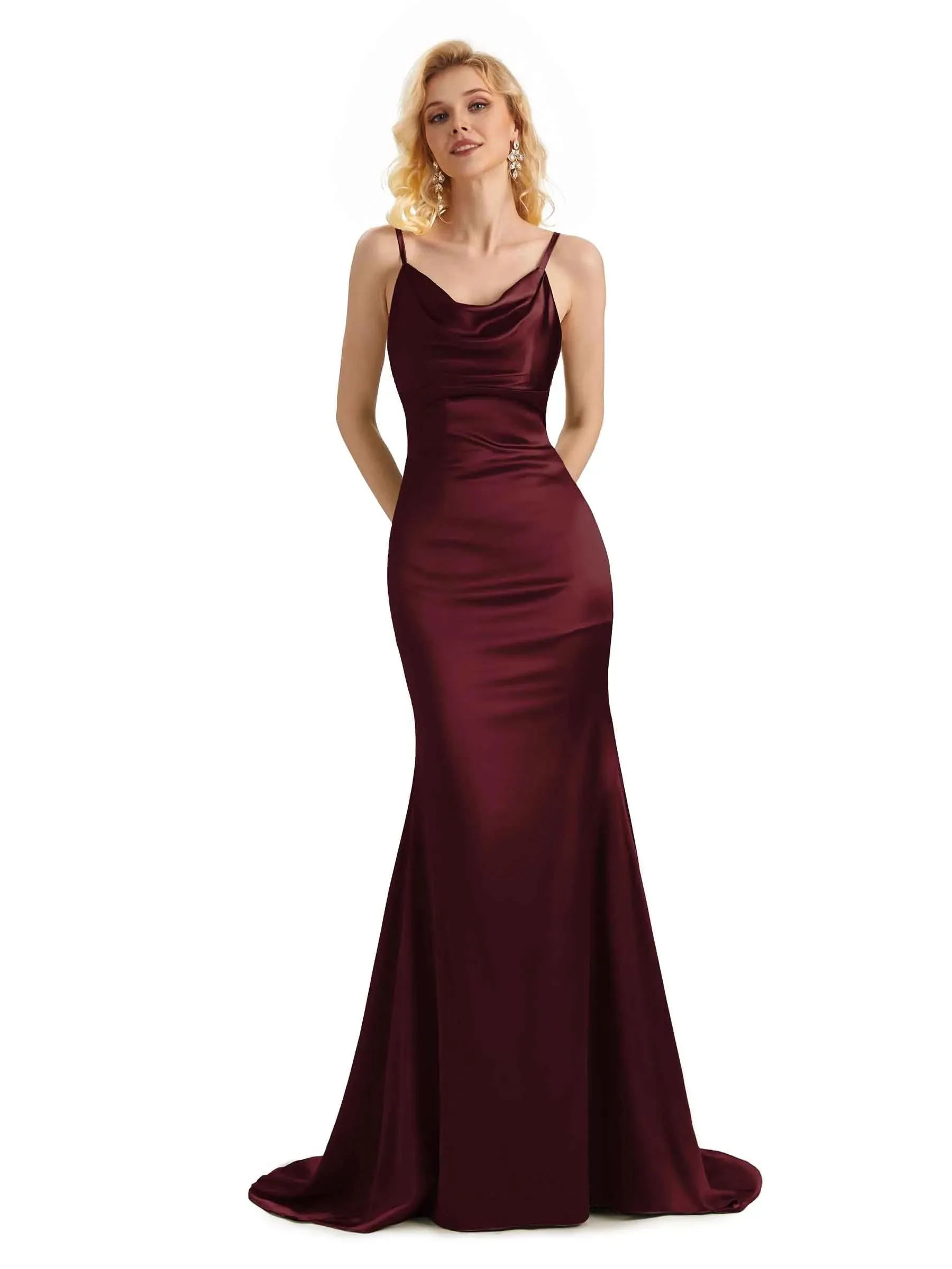 Elegant Soft Satin Cowl Neck Criss Cross Long Mermaid Prom Dresses Online