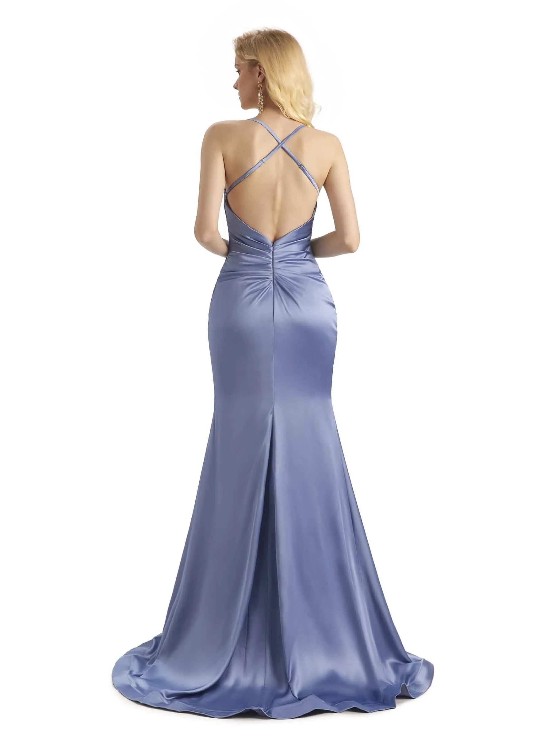 Elegant Soft Satin Mermaid Spaghetti Straps V-Neck Backless Long Bridesmaid Dresses Online