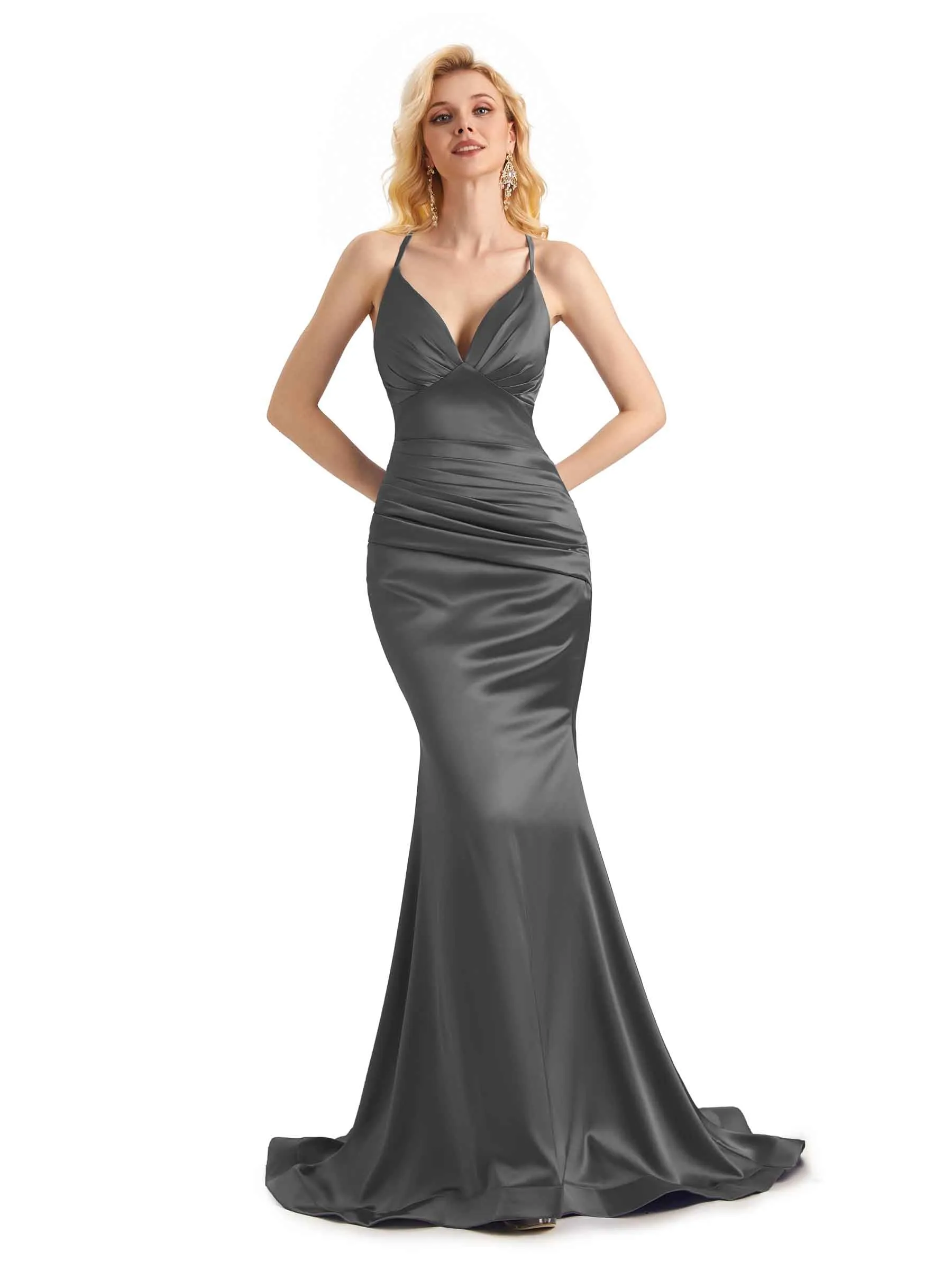 Elegant Soft Satin Mermaid Spaghetti Straps V-Neck Backless Long Bridesmaid Dresses Online
