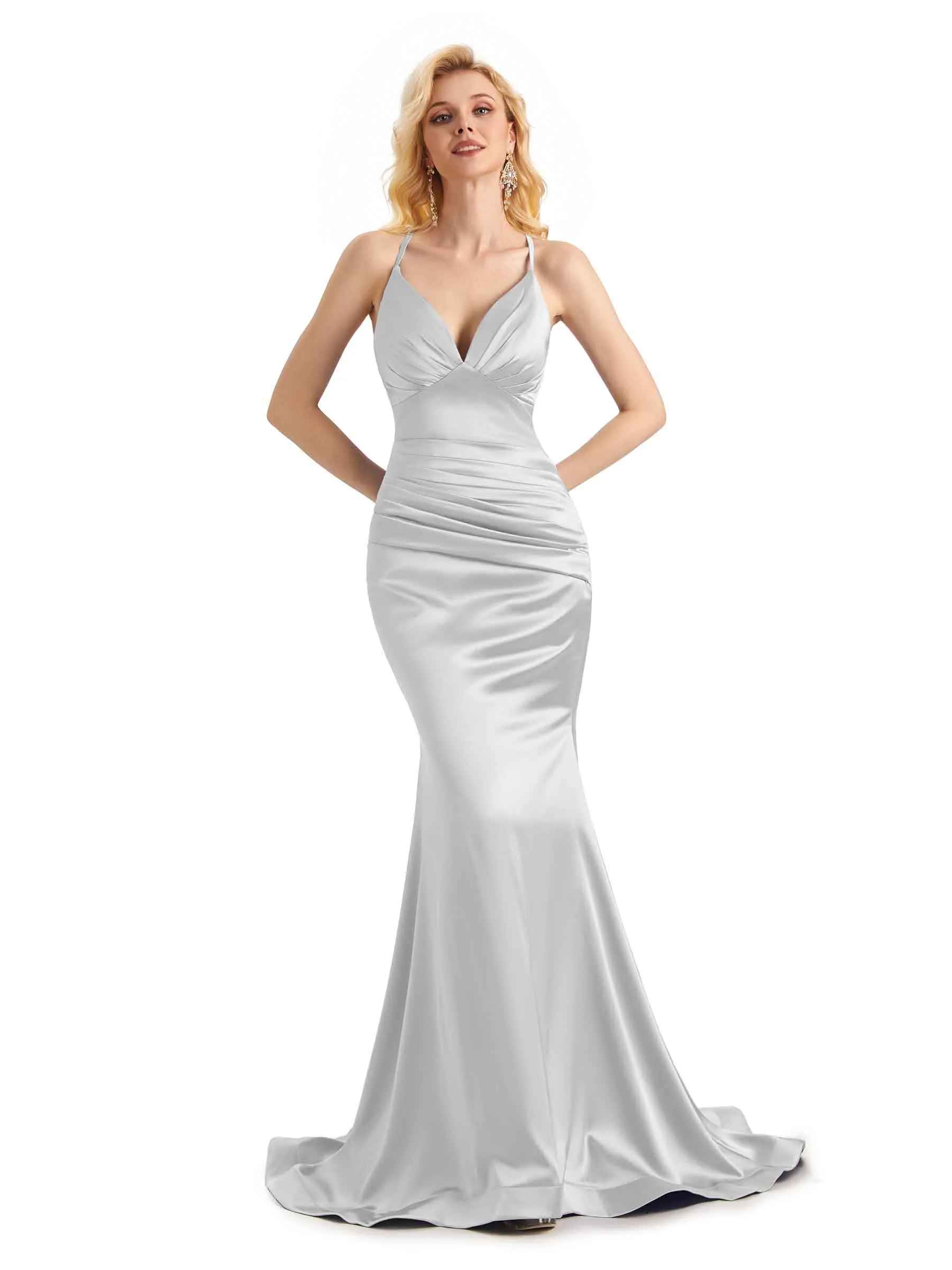 Elegant Soft Satin Mermaid Spaghetti Straps V-Neck Backless Long Bridesmaid Dresses Online