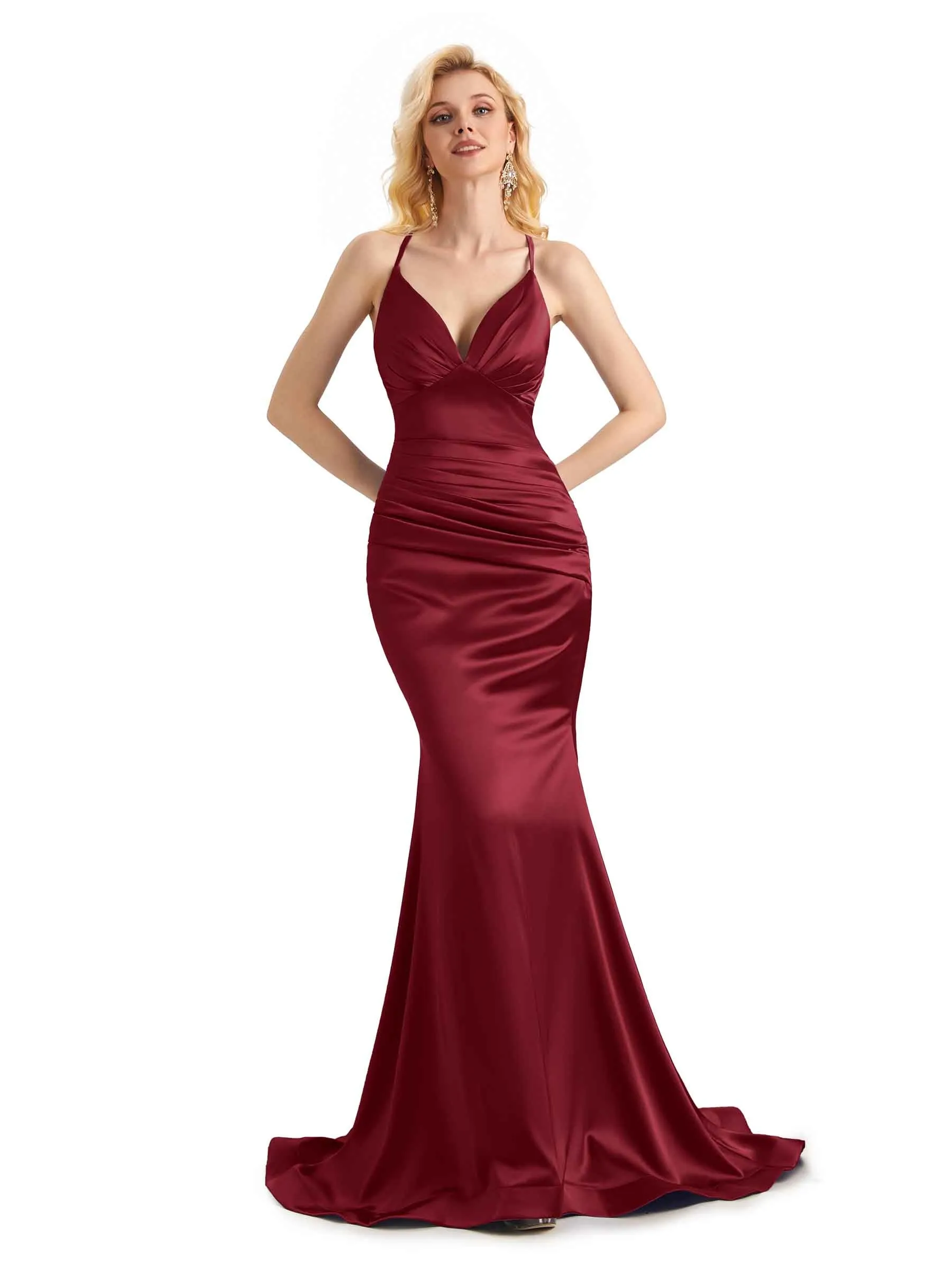 Elegant Soft Satin Mermaid Spaghetti Straps V-Neck Backless Long Bridesmaid Dresses Online