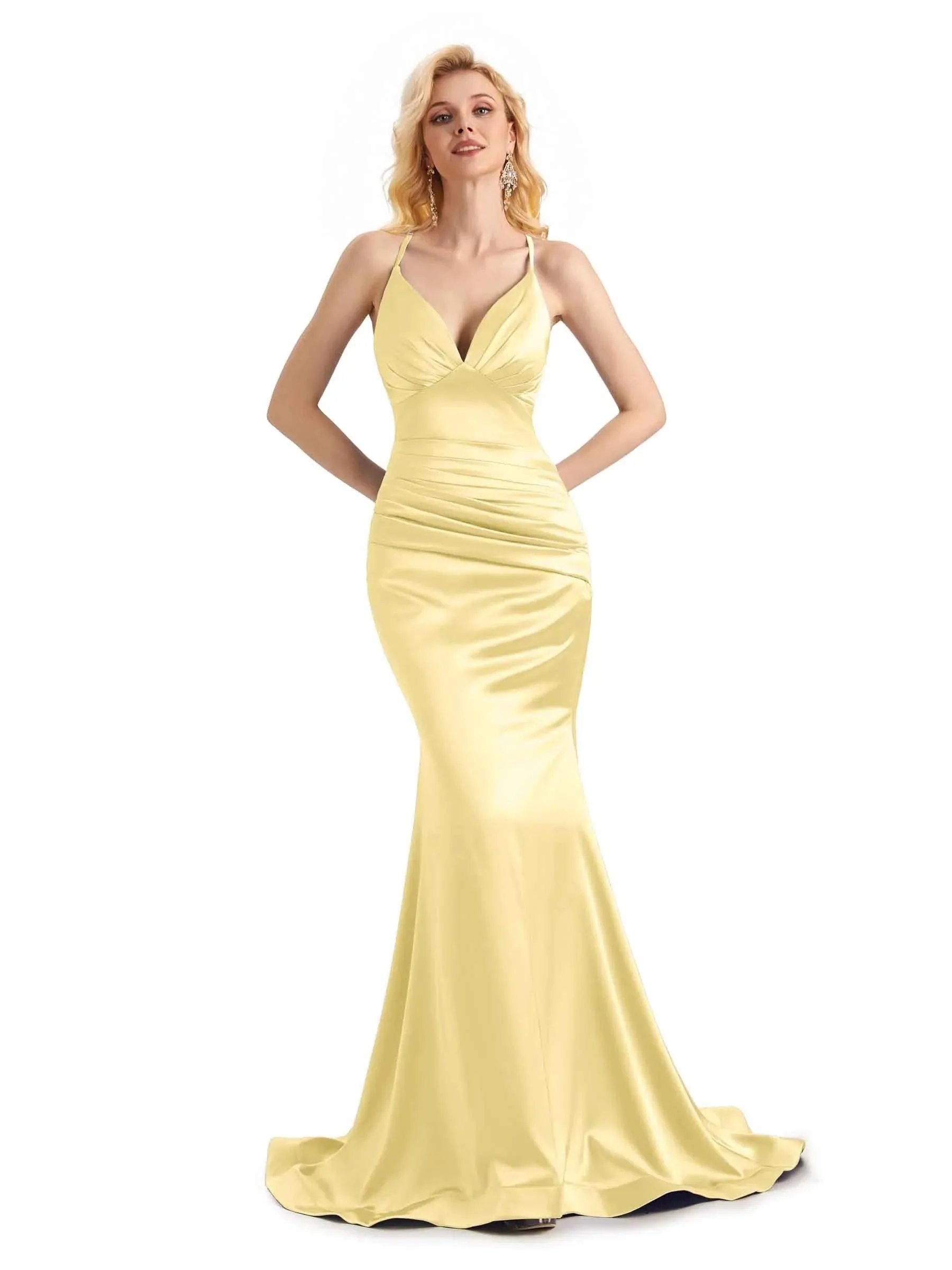 Elegant Soft Satin Mermaid Spaghetti Straps V-Neck Backless Long Prom Dresses Online