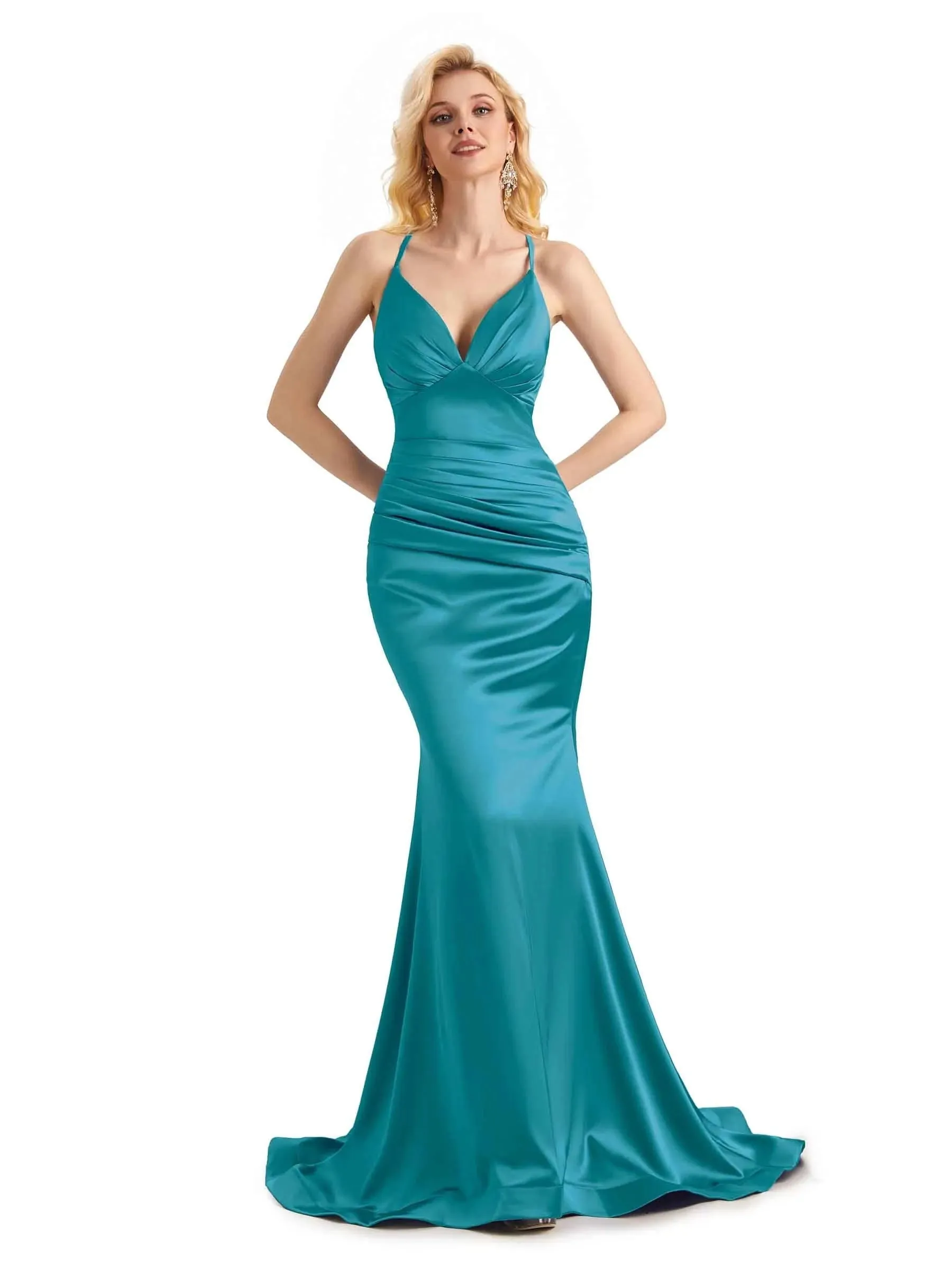Elegant Soft Satin Mermaid Spaghetti Straps V-Neck Backless Long Prom Dresses Online