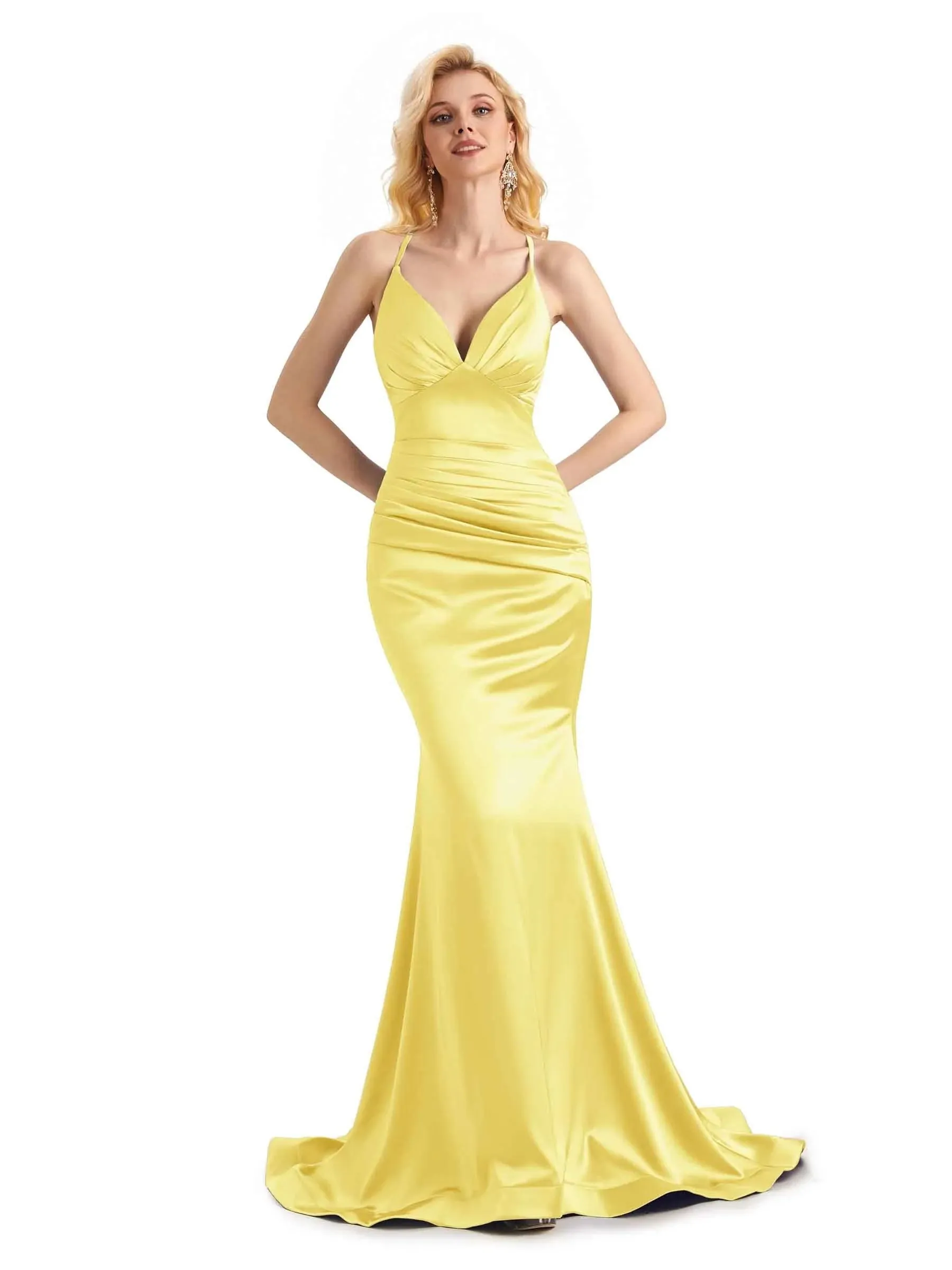 Elegant Soft Satin Mermaid Spaghetti Straps V-Neck Backless Long Prom Dresses Online