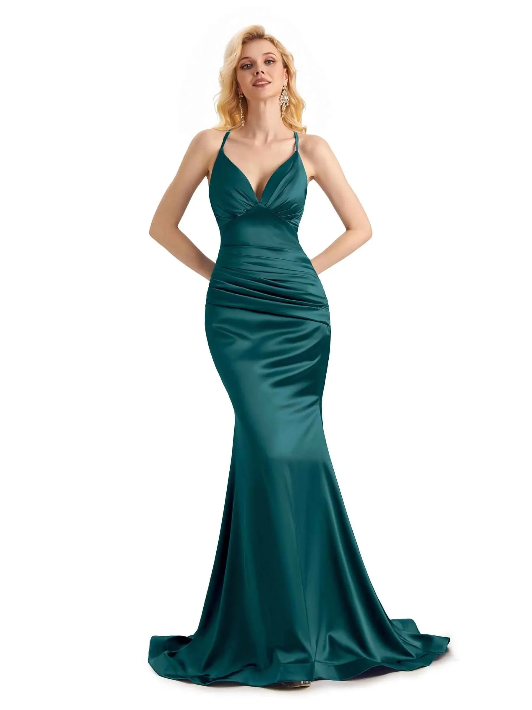 Elegant Soft Satin Mermaid Spaghetti Straps V-Neck Backless Long Prom Dresses Online