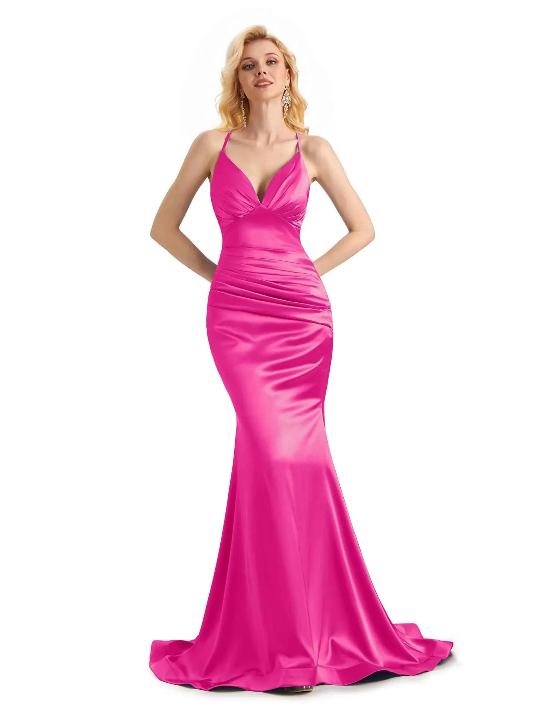 Elegant Soft Satin Mermaid Spaghetti Straps V-Neck Backless Long Prom Dresses Online