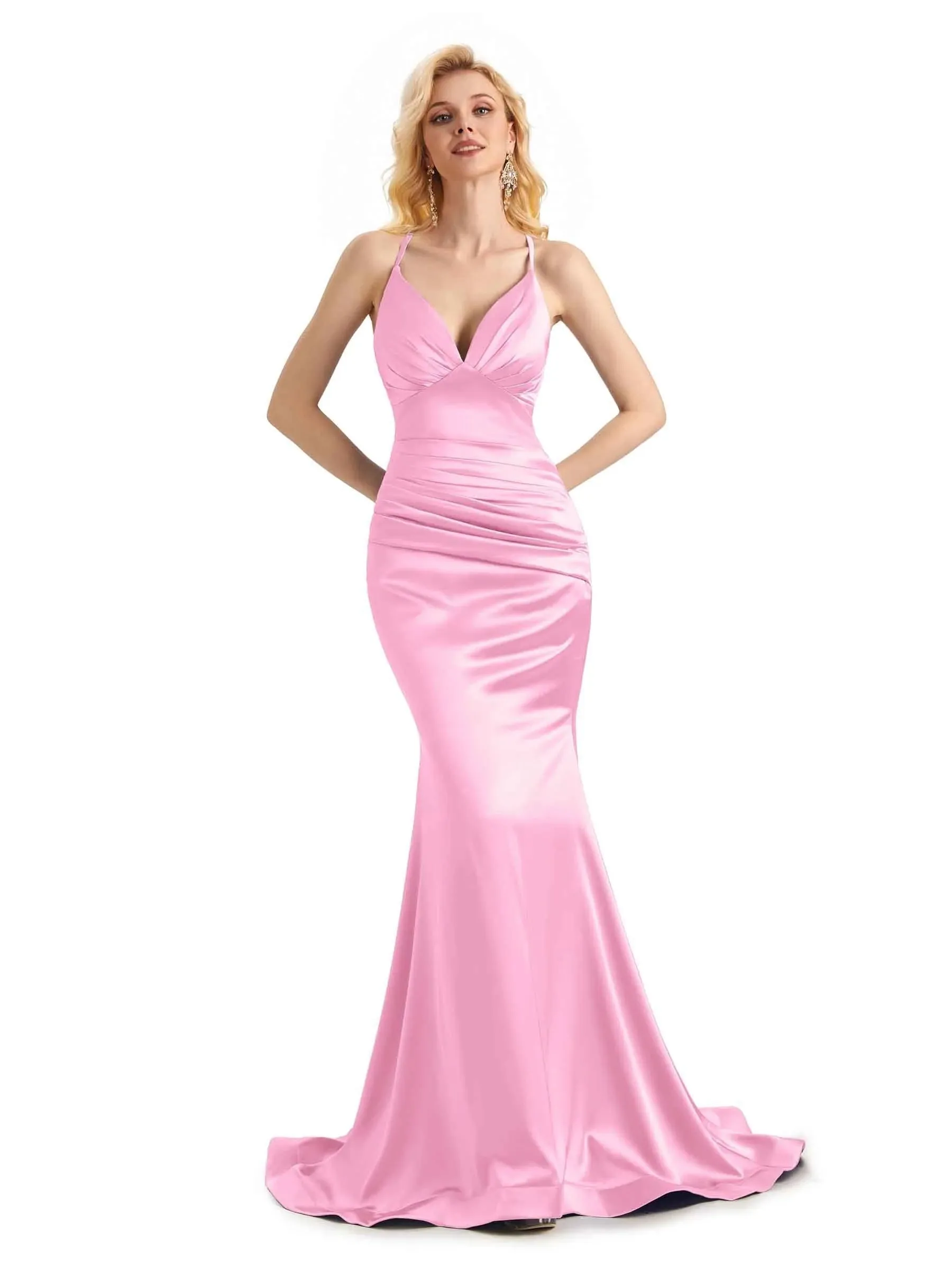 Elegant Soft Satin Mermaid Spaghetti Straps V-Neck Backless Long Prom Dresses Online