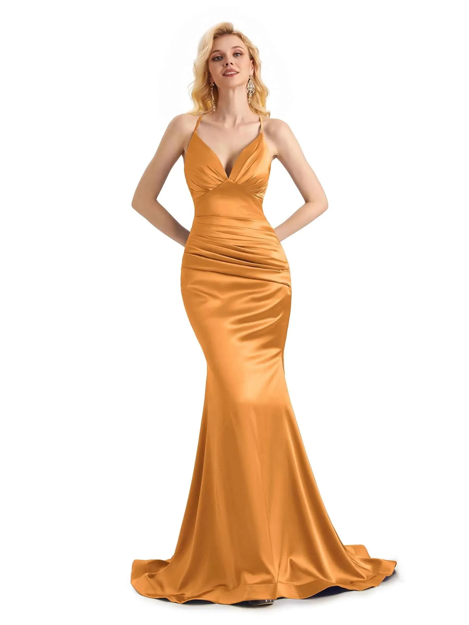 Elegant Soft Satin Mermaid Spaghetti Straps V-Neck Backless Long Prom Dresses Online