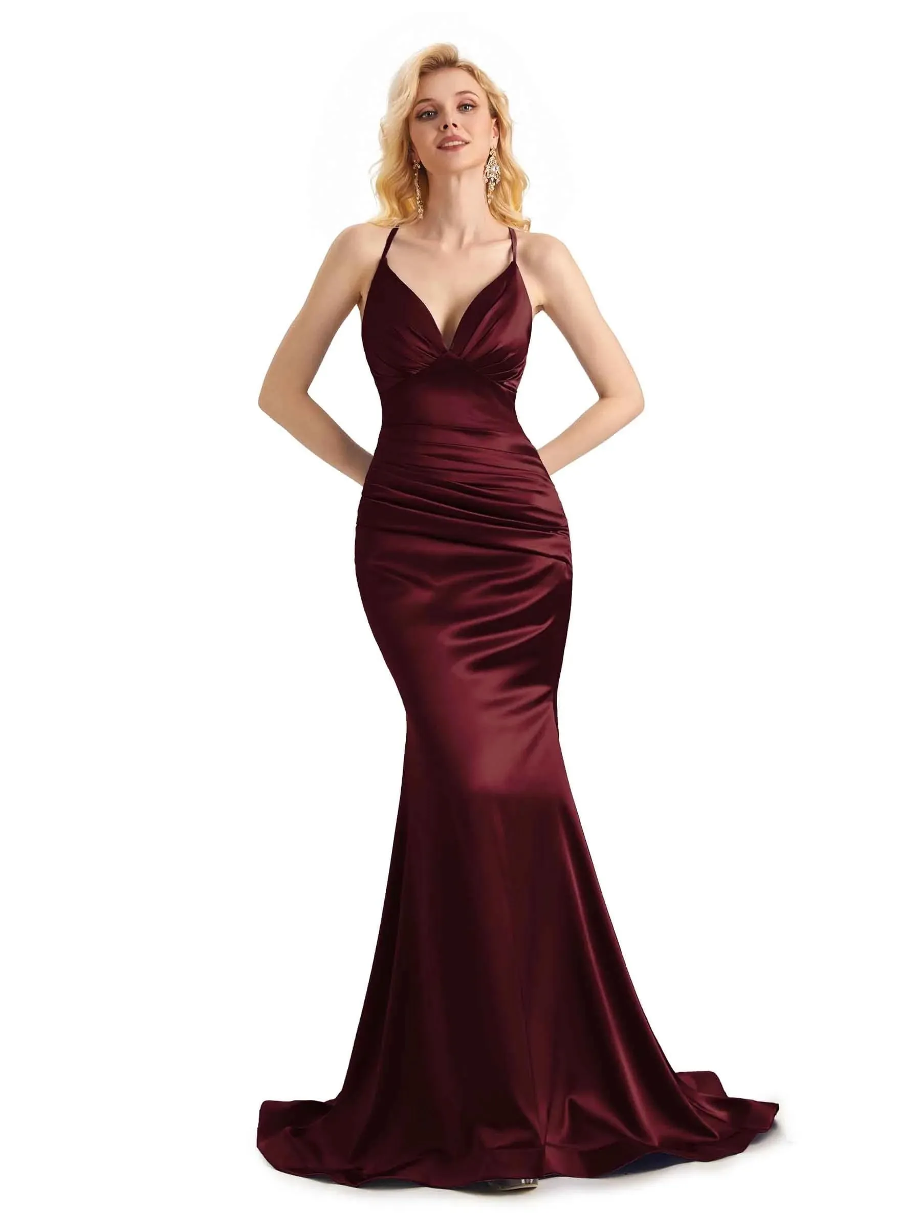 Elegant Soft Satin Mermaid Spaghetti Straps V-Neck Backless Long Prom Dresses Online