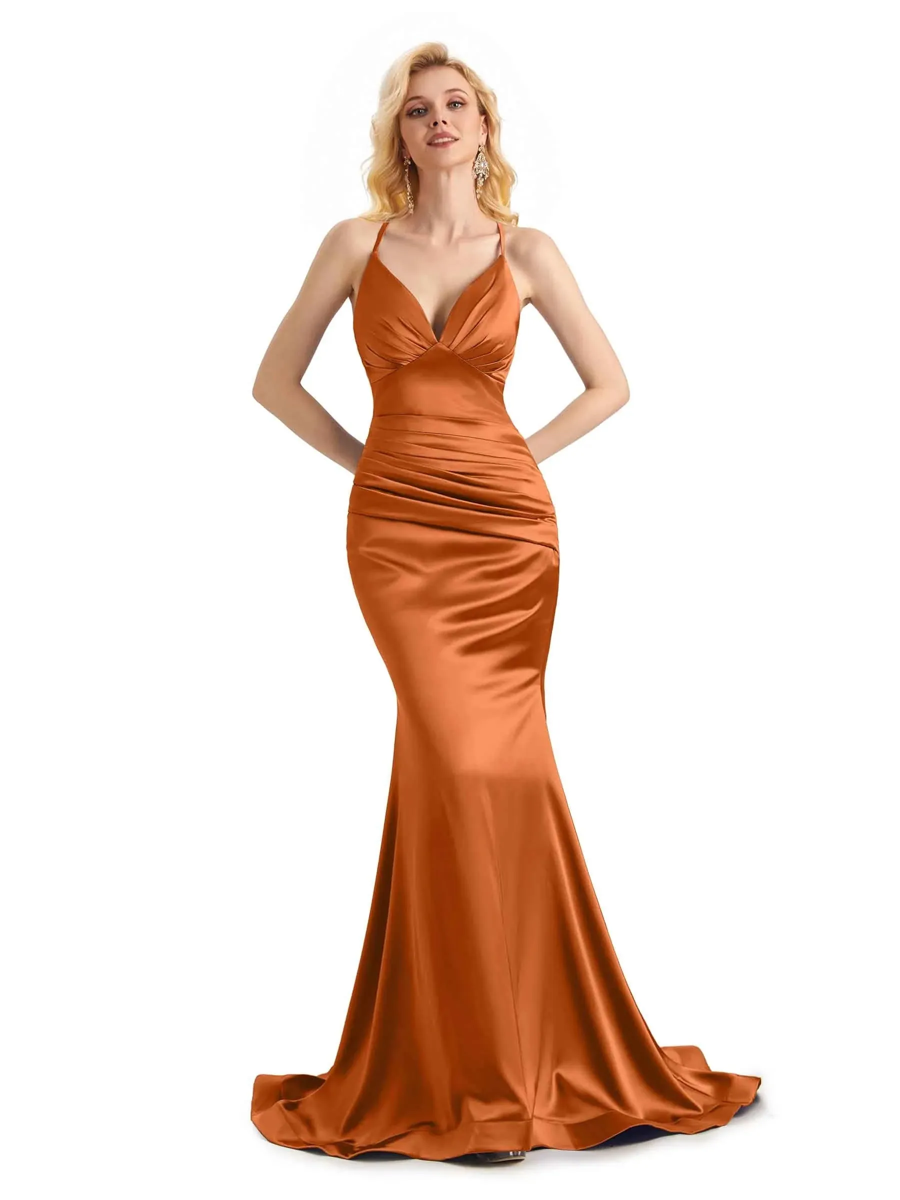 Elegant Soft Satin Mermaid Spaghetti Straps V-Neck Backless Long Prom Dresses Online
