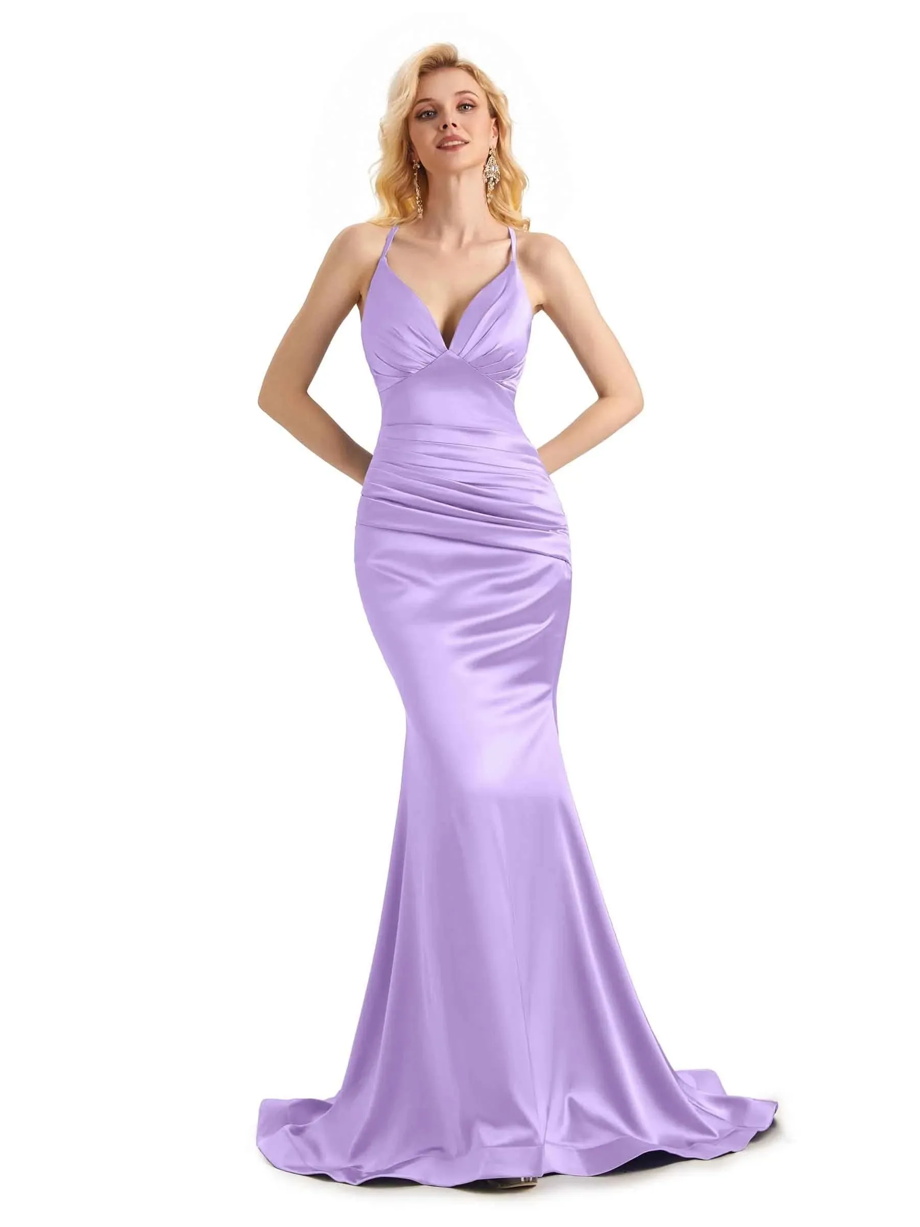 Elegant Soft Satin Mermaid Spaghetti Straps V-Neck Backless Long Prom Dresses Online