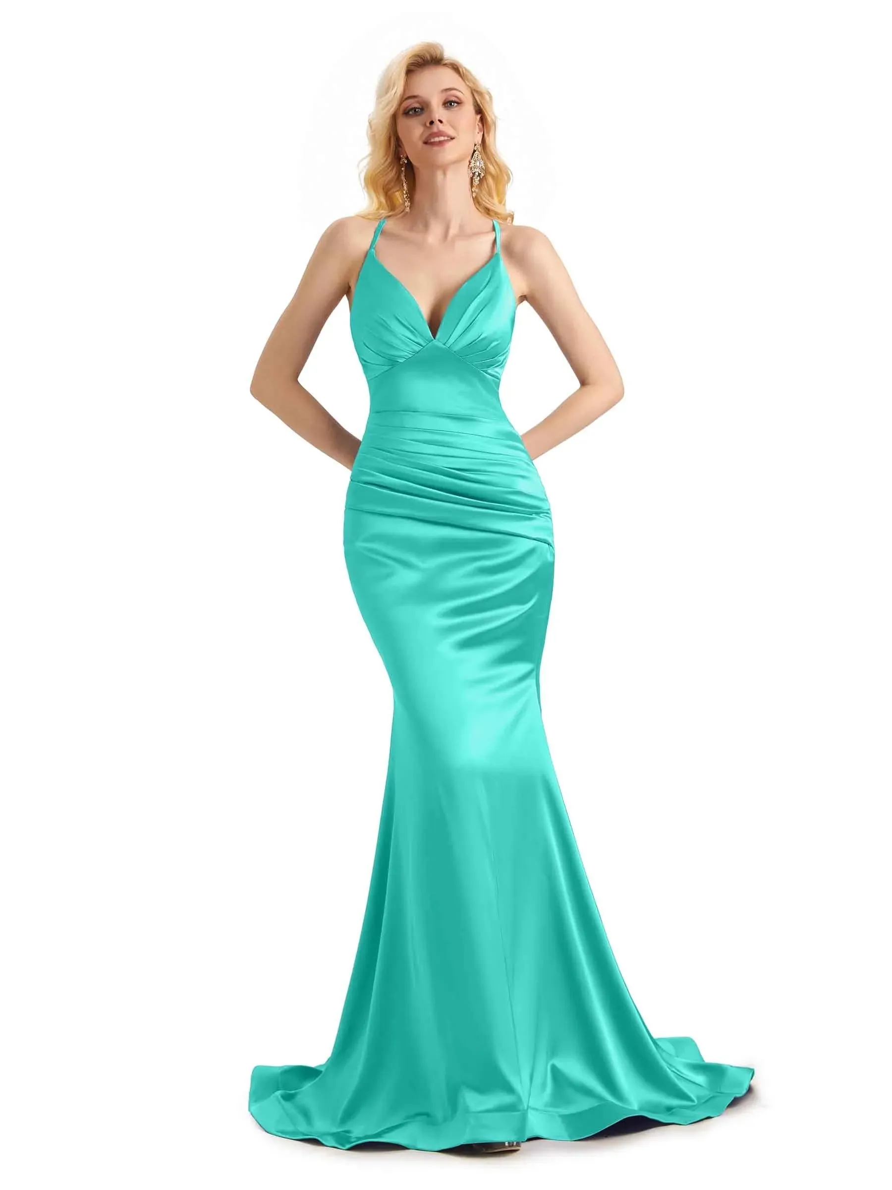 Elegant Soft Satin Mermaid Spaghetti Straps V-Neck Backless Long Prom Dresses Online