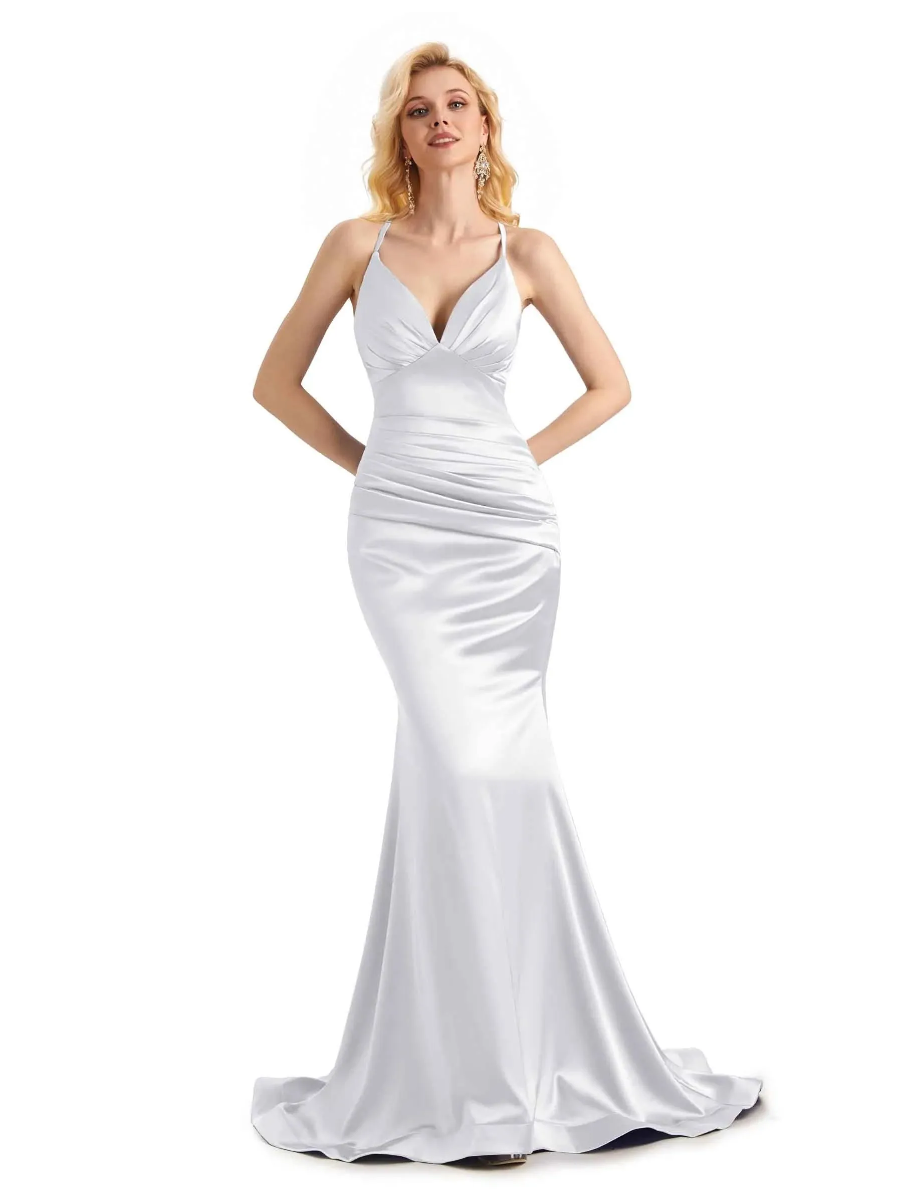 Elegant Soft Satin Mermaid Spaghetti Straps V-Neck Backless Long Prom Dresses Online