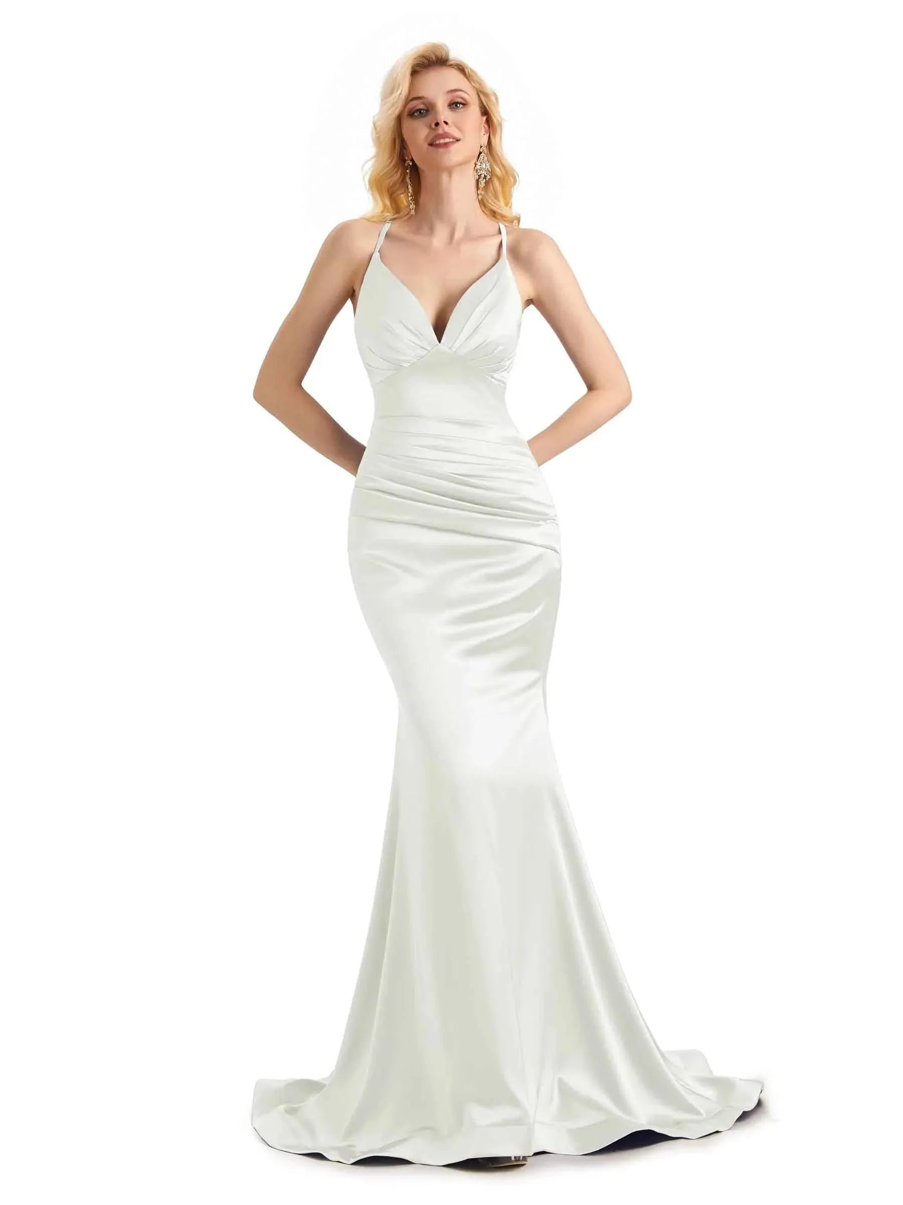 Elegant Soft Satin Mermaid Spaghetti Straps V-Neck Backless Long Prom Dresses Online