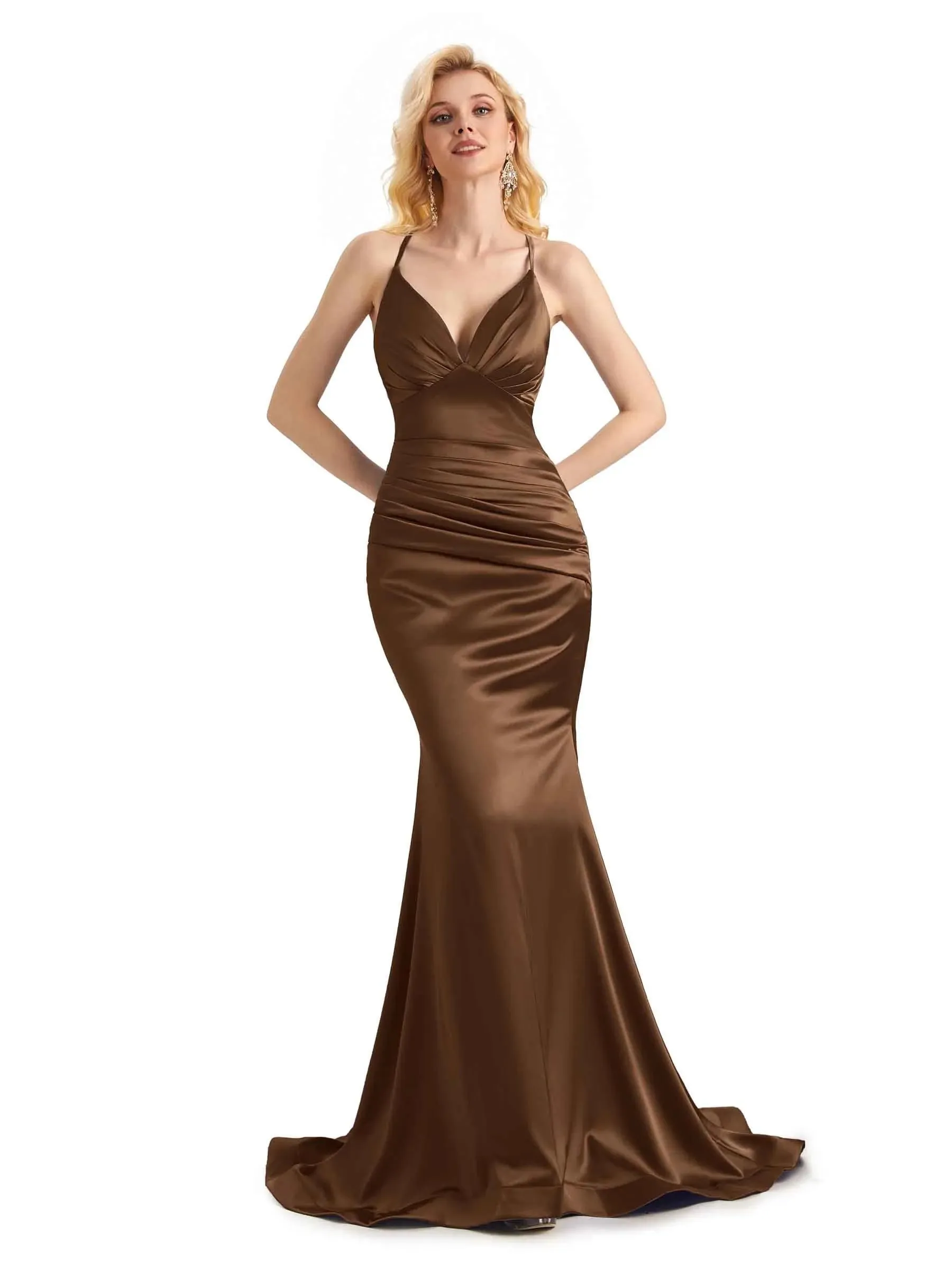 Elegant Soft Satin Mermaid Spaghetti Straps V-Neck Backless Long Prom Dresses Online