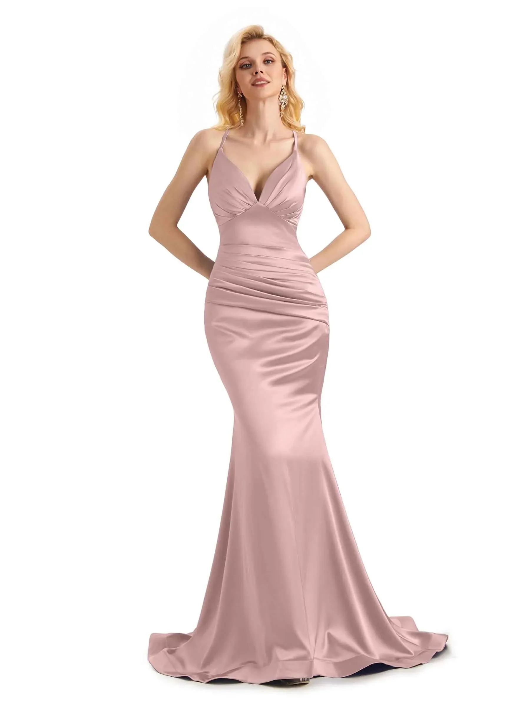 Elegant Soft Satin Mermaid Spaghetti Straps V-Neck Backless Long Prom Dresses Online