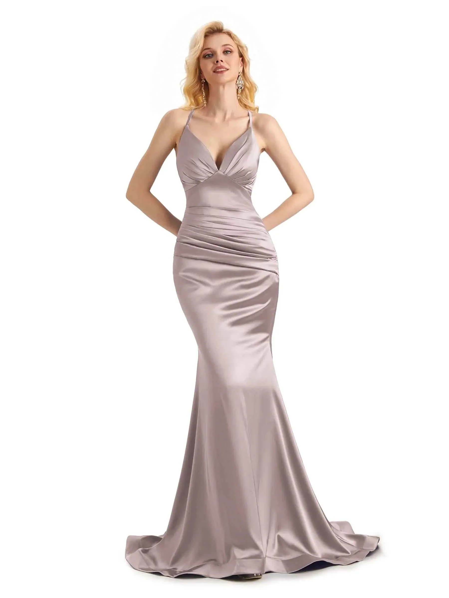 Elegant Soft Satin Mermaid Spaghetti Straps V-Neck Backless Long Prom Dresses Online