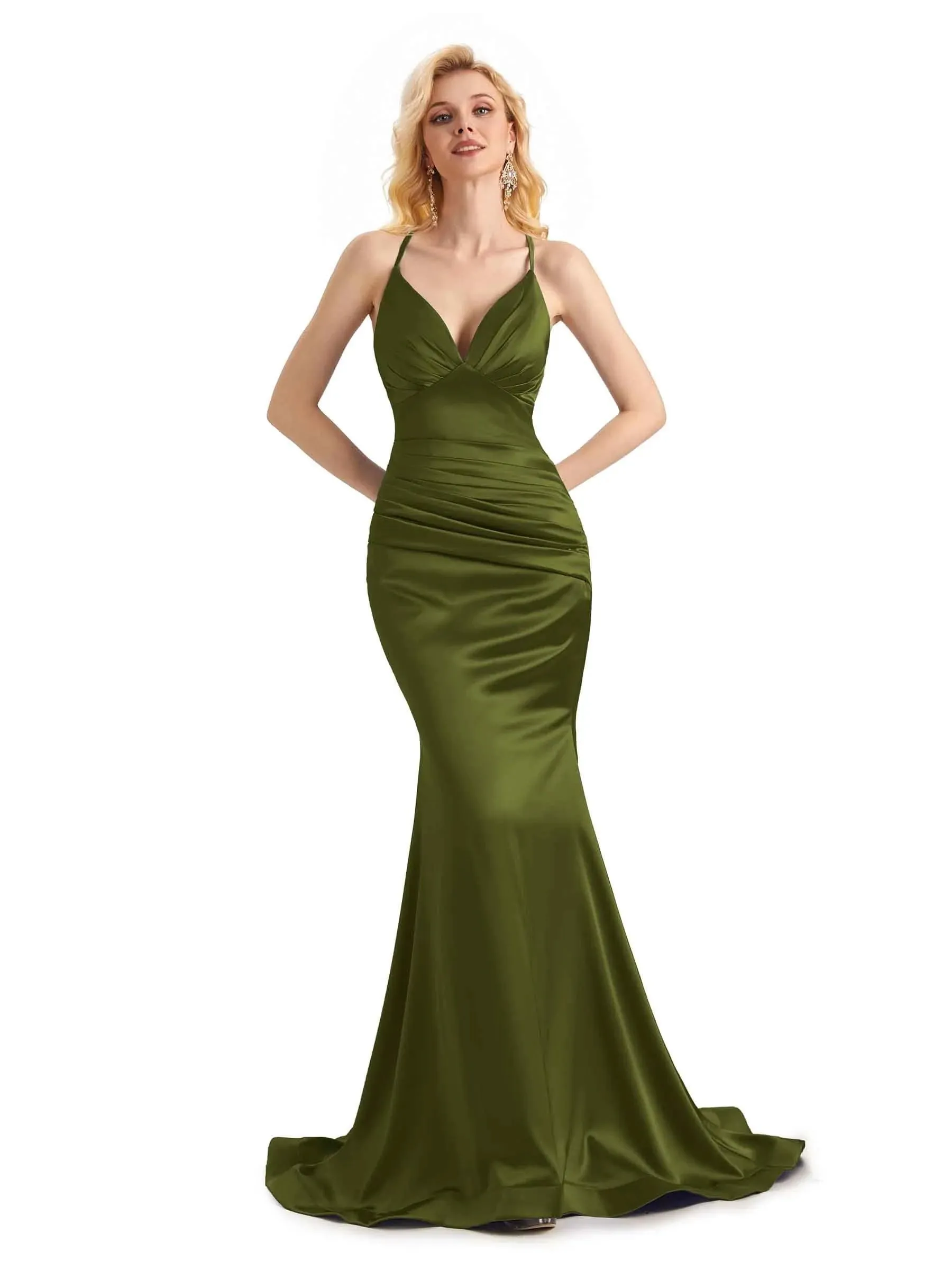 Elegant Soft Satin Mermaid Spaghetti Straps V-Neck Backless Long Prom Dresses Online
