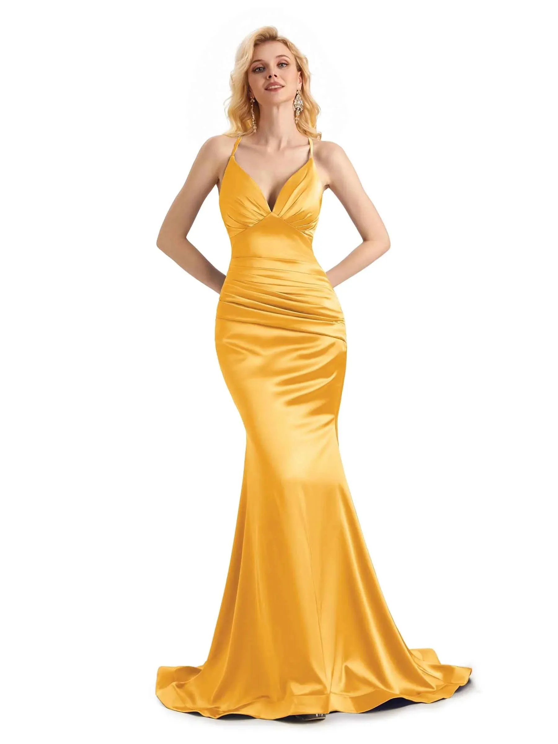 Elegant Soft Satin Mermaid Spaghetti Straps V-Neck Backless Long Prom Dresses Online