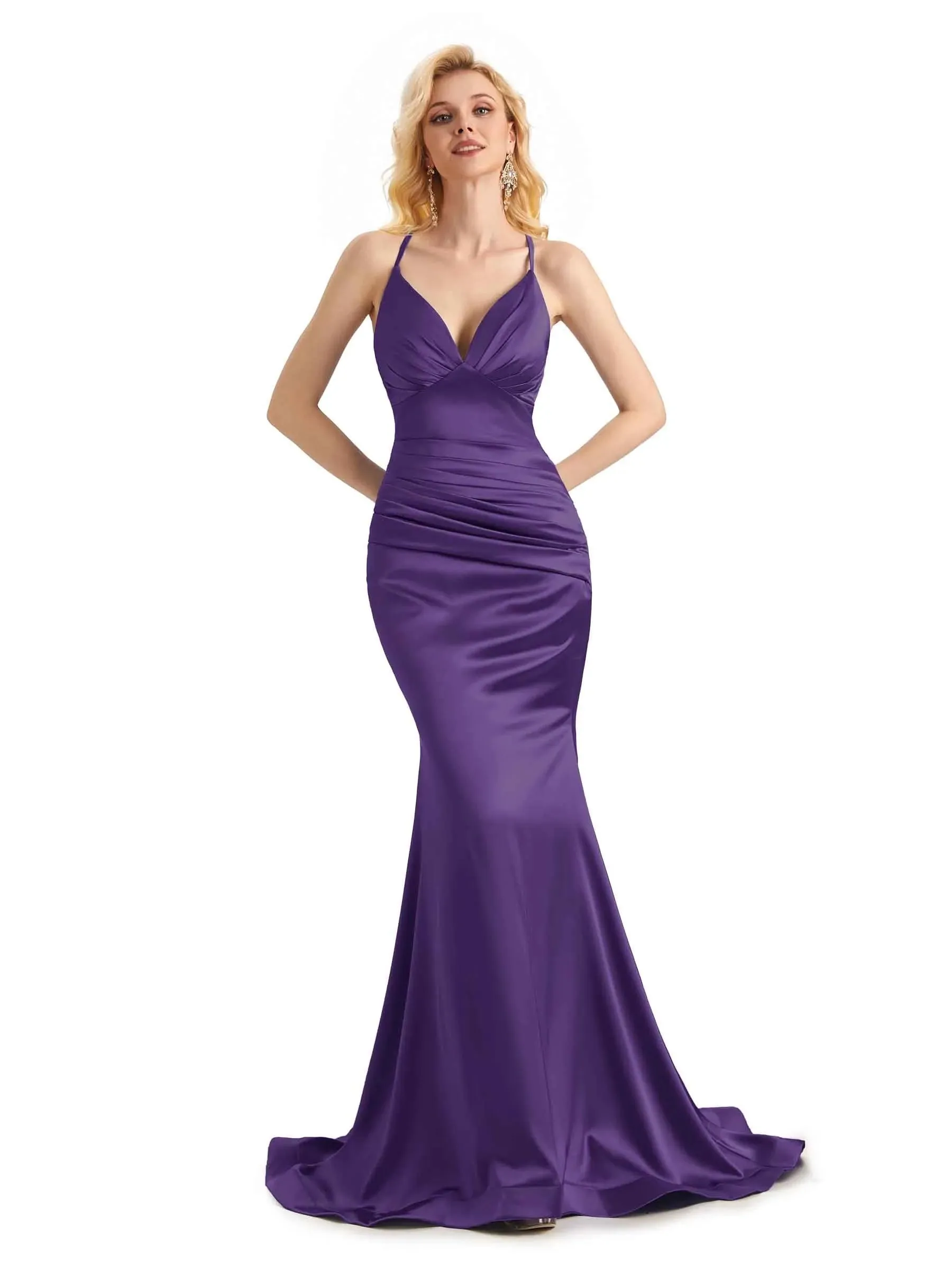 Elegant Soft Satin Mermaid Spaghetti Straps V-Neck Backless Long Prom Dresses Online