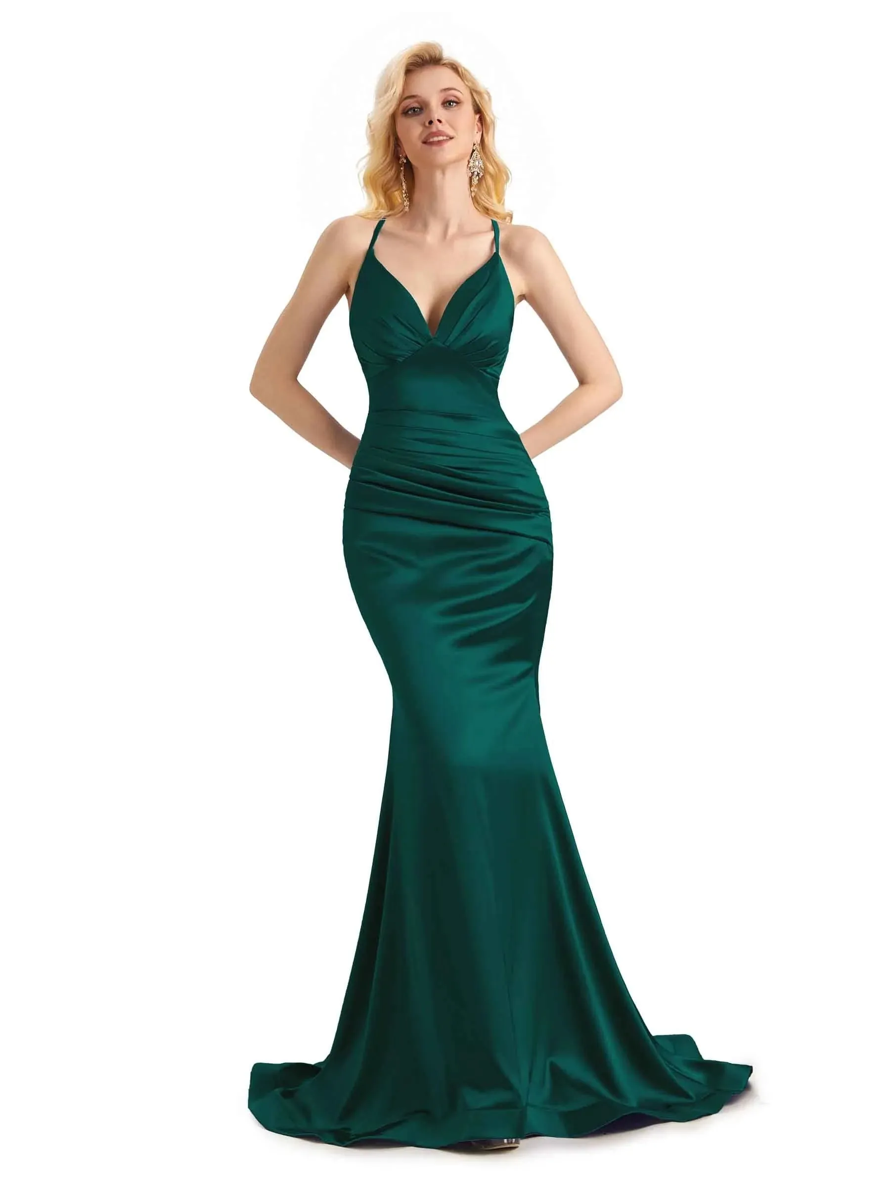 Elegant Soft Satin Mermaid Spaghetti Straps V-Neck Backless Long Prom Dresses Online