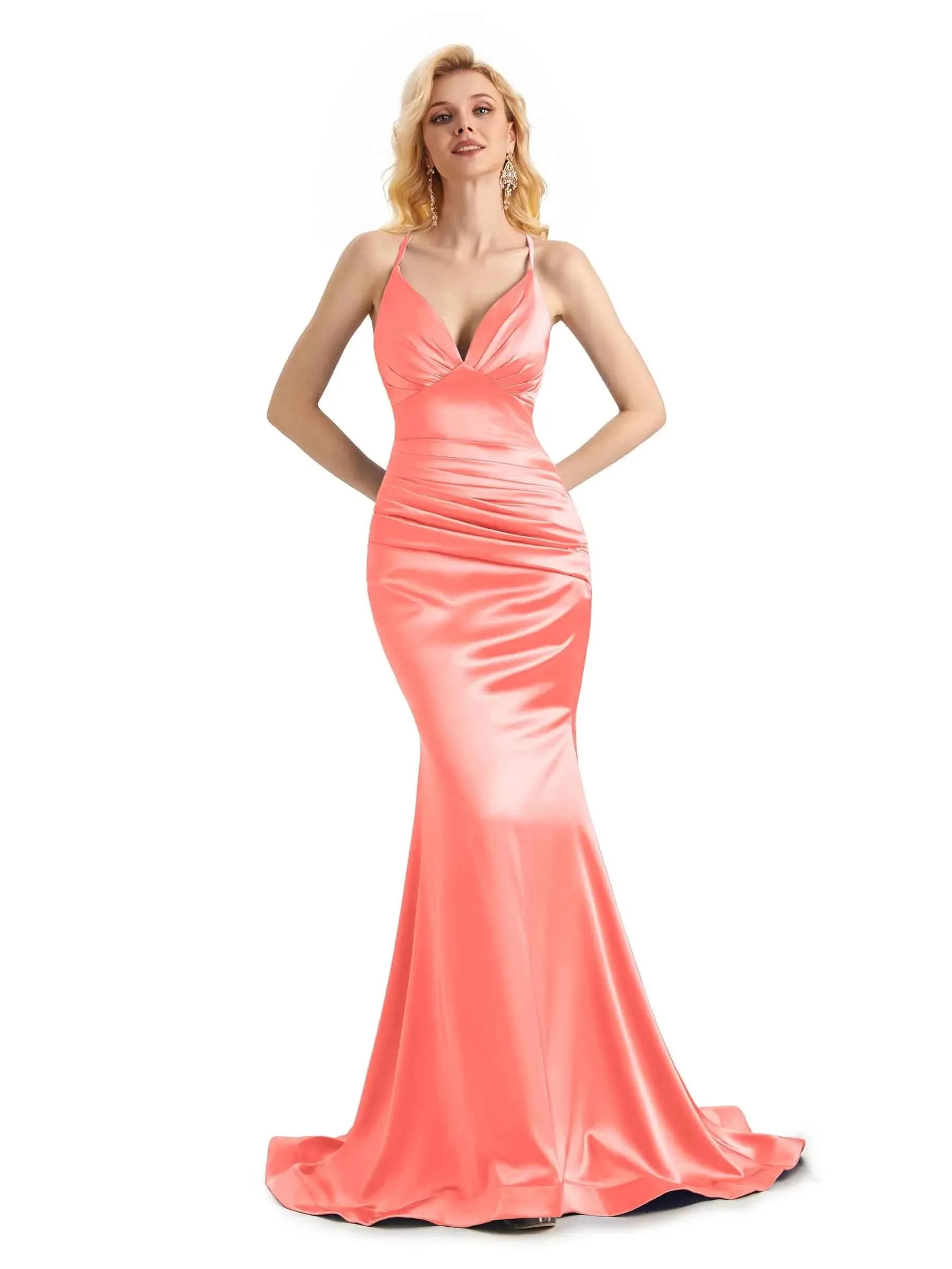 Elegant Soft Satin Mermaid Spaghetti Straps V-Neck Backless Long Prom Dresses Online
